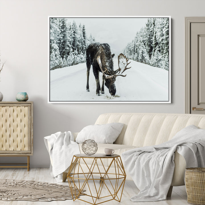 Moose in Snow Wall Art Canvas Print, Framed Winter Wildlife Art Picture Print, Snowy Forest Scene Perfect Rustic Lodge Decor Artwork