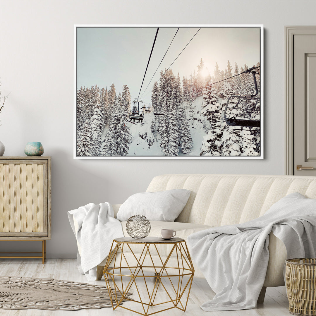 Frosty Pines Wall Art Canvas Print, Framed Cozy Cabin View Art Picture Print, Ski Lift Ride Perfect Rustic Lodge Decor Artwork