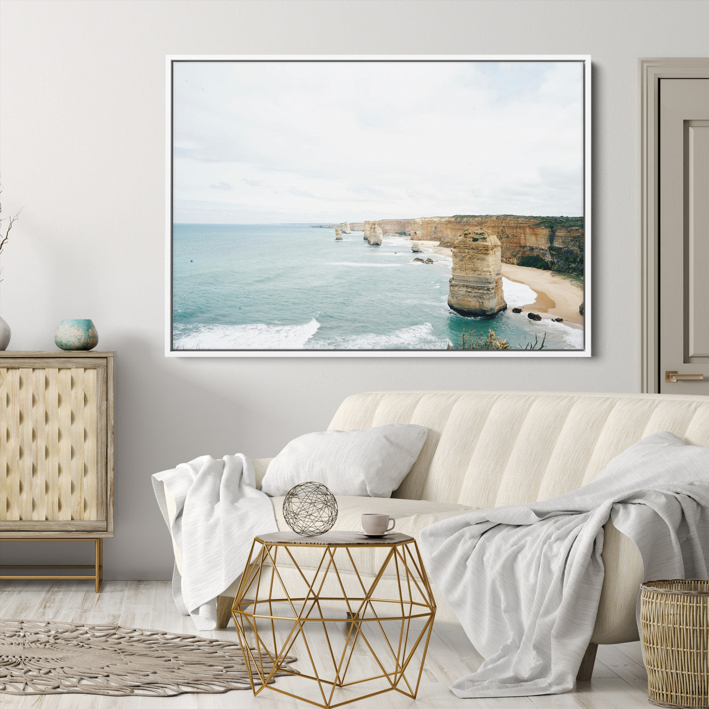 70095633-MGV-CV-36X24-Twelve Apostles Wall Art Canvas Print, Framed Coastal Cliffs Art Picture Print, Rugged Rock Formations Perfect Minimalist Coastal Decor
