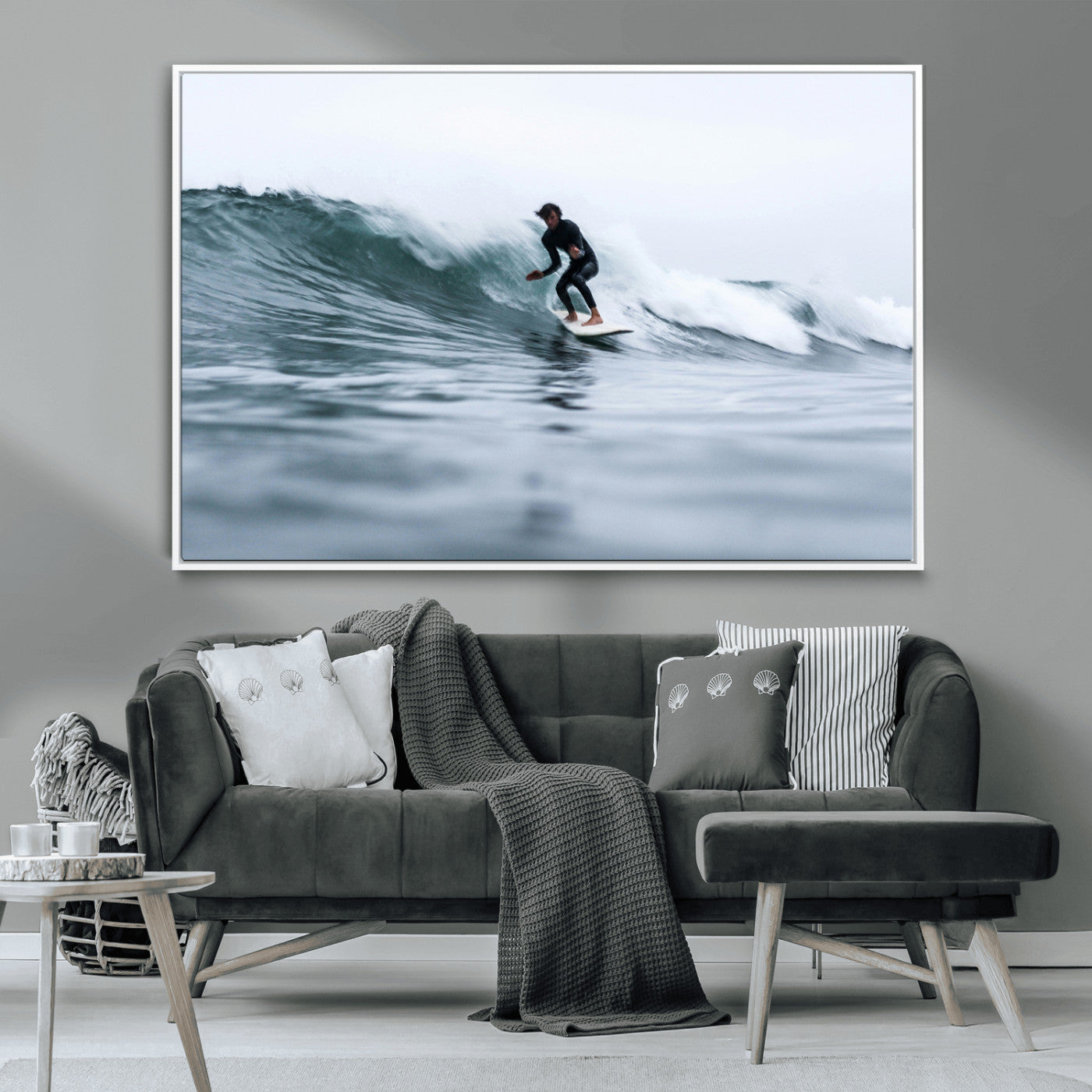 MGV-FC-36X24 - Surfer on Wave Wall Art Canvas Print, Framed Ocean Adventure Art Picture Print, Motion Blur Water Perfect Coastal Adventure Decor Artwork