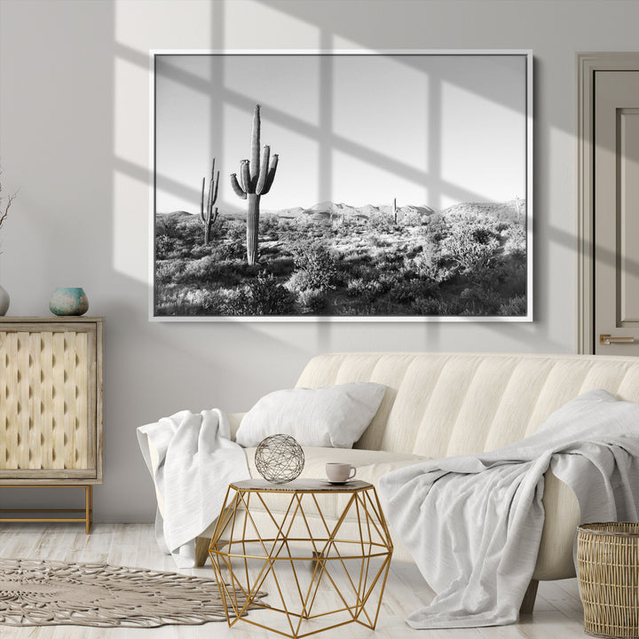 Saguaro Cactus Canvas Print Wall Art , Monochrome Landscape Print, Framed Scenic Arizona Art Print, Large Timeless Western Aesthetic