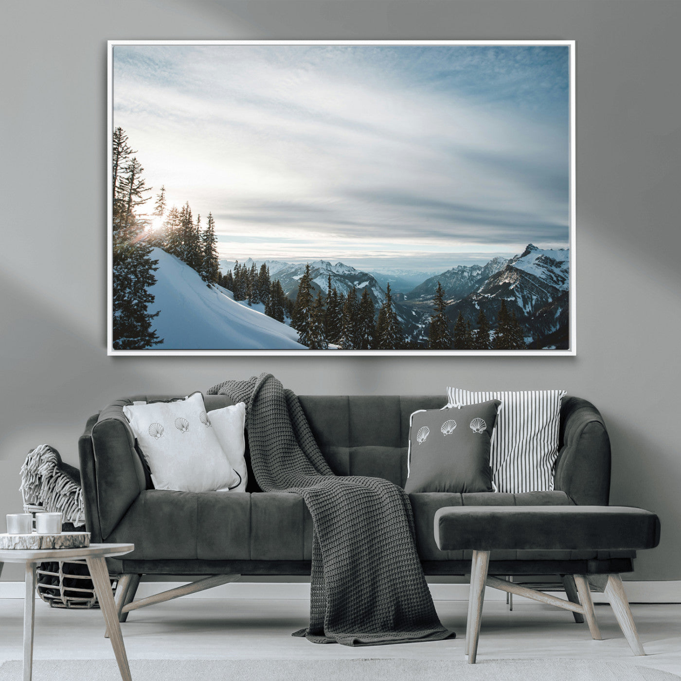 MGV-FC-36X24 - Snowy Mountains Wall Art Canvas Print, Framed Alpine Landscape Art Picture Print, Frosty Peaks Perfect Nordic Minimalist Decor Artwork
