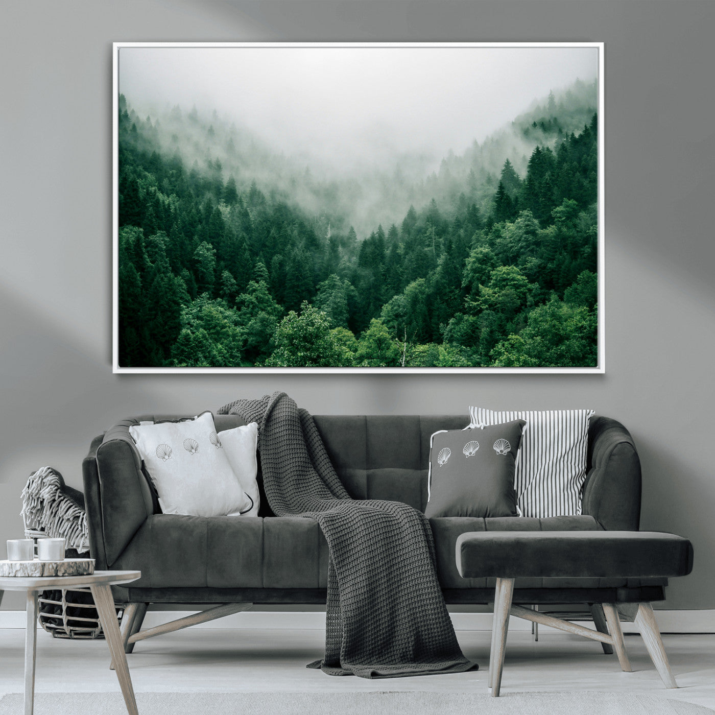 MGV-FC-36X24 - Misty Green Forest Canvas Print – Serene Foggy Pine Landscape Wall Art, Tranquil Nature Decor for