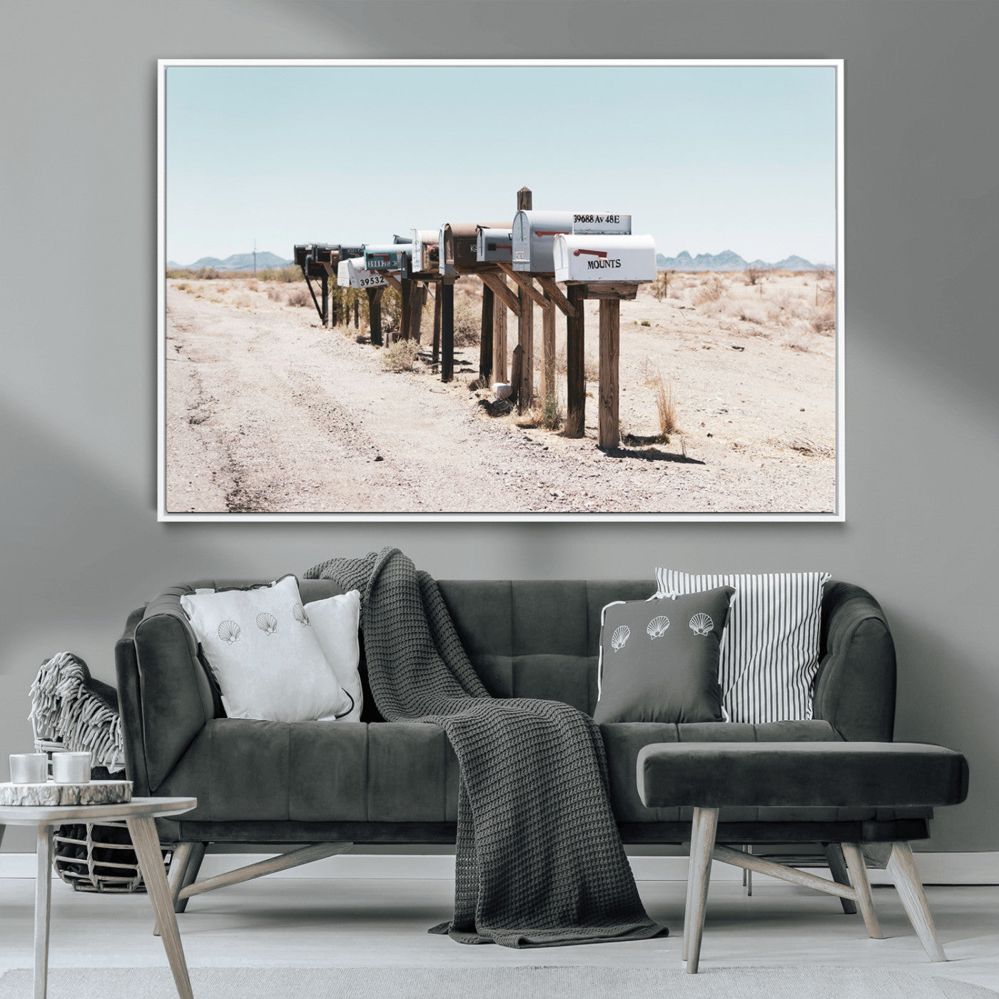 MGV-FC-36X24 - Desert Mailboxes Canvas Print – Minimal Western Landscape Photography, Rustic Americana Wall Art for