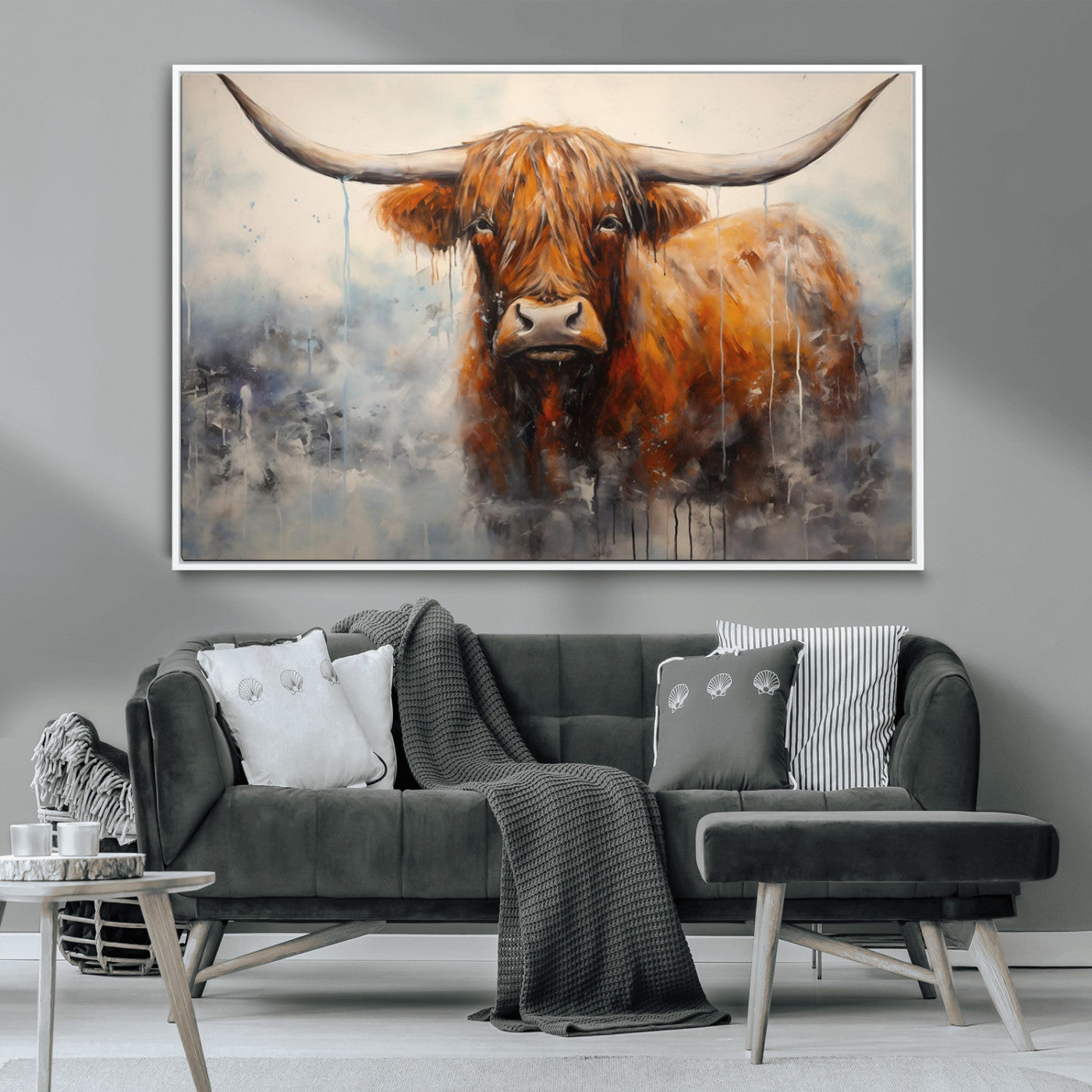 MGV-FC-36X24 - Scottish Highland Wall Art Canvas Print, Framed Longhorn Art Picture Print, Western Cow Perfect Farmhouse Decor Artwork