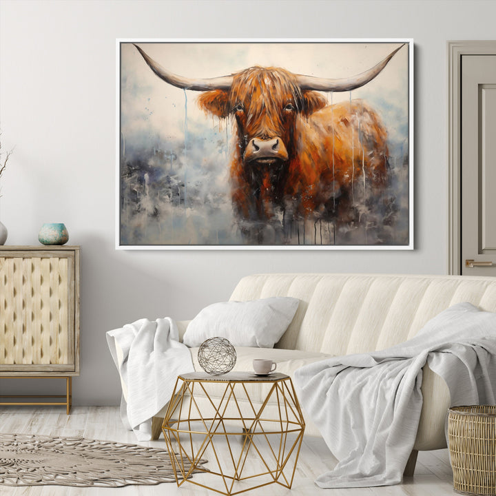 Scottish Highland Wall Art Canvas Print, Framed Longhorn Art Picture Print, Western Cow Perfect Farmhouse Decor Artwork