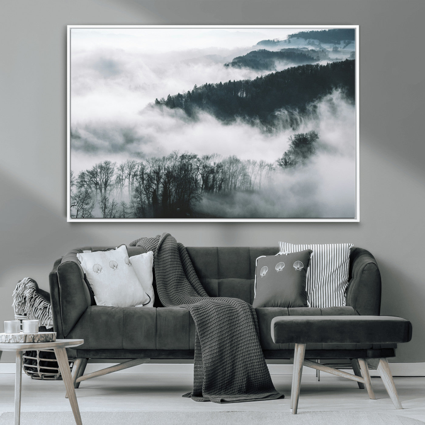 67569654-MGV-CV-36X24-Foggy Forest Landscape Wall Art Canvas Print – Misty Mountain Valley Scene in Monochrome Tones, Perfect for Minimalist or Nordic Home Decor