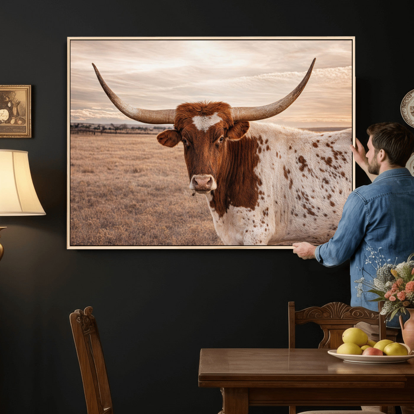 95745718-MGV-CV-36X24 - Longhorn Cow Wall Art – Texas Bull Canvas Print, Rustic Farm Cattle Photography, Western Animal Decor for Country Home, Living Room or Game Room