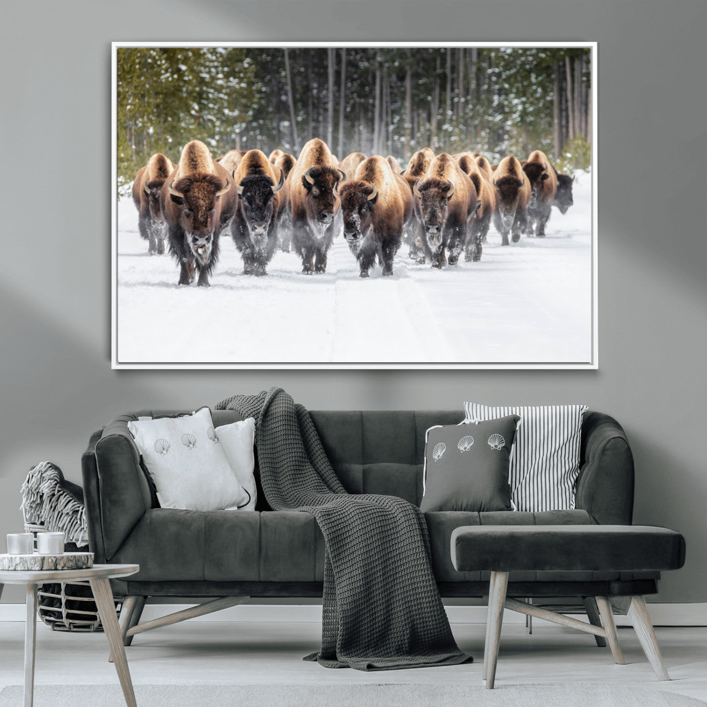 96906195-MGV-FC-36X24 - American Bison Herd Snow Canvas Wall Art – Powerful Winter Wildlife Print of Buffalo Motion, Rustic Lodge or Western Cabin Decor for Living Room, Office