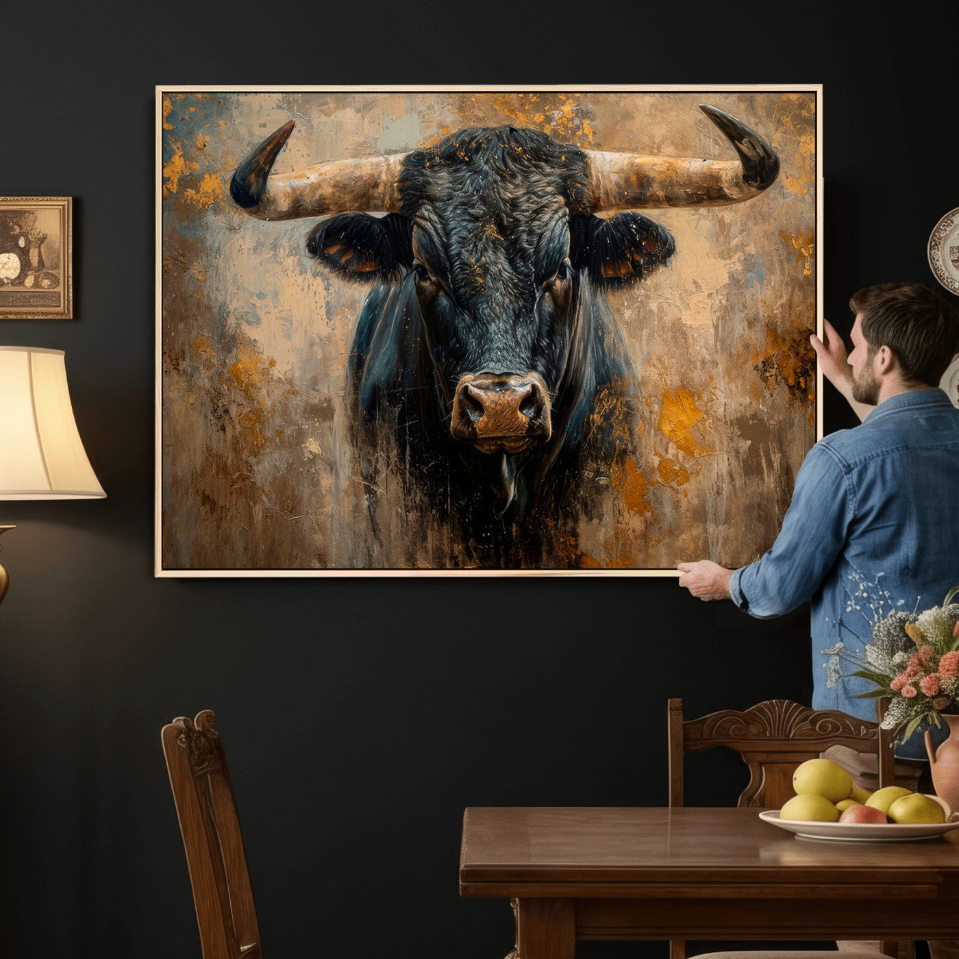 91615410-MGV-CV-36X24 - Abstract Texas Longhorn Bull Wall Art – Rustic Farmhouse Canvas Print, Western Cabin Style Decor, Large Animal Artwork for Living Room or Office