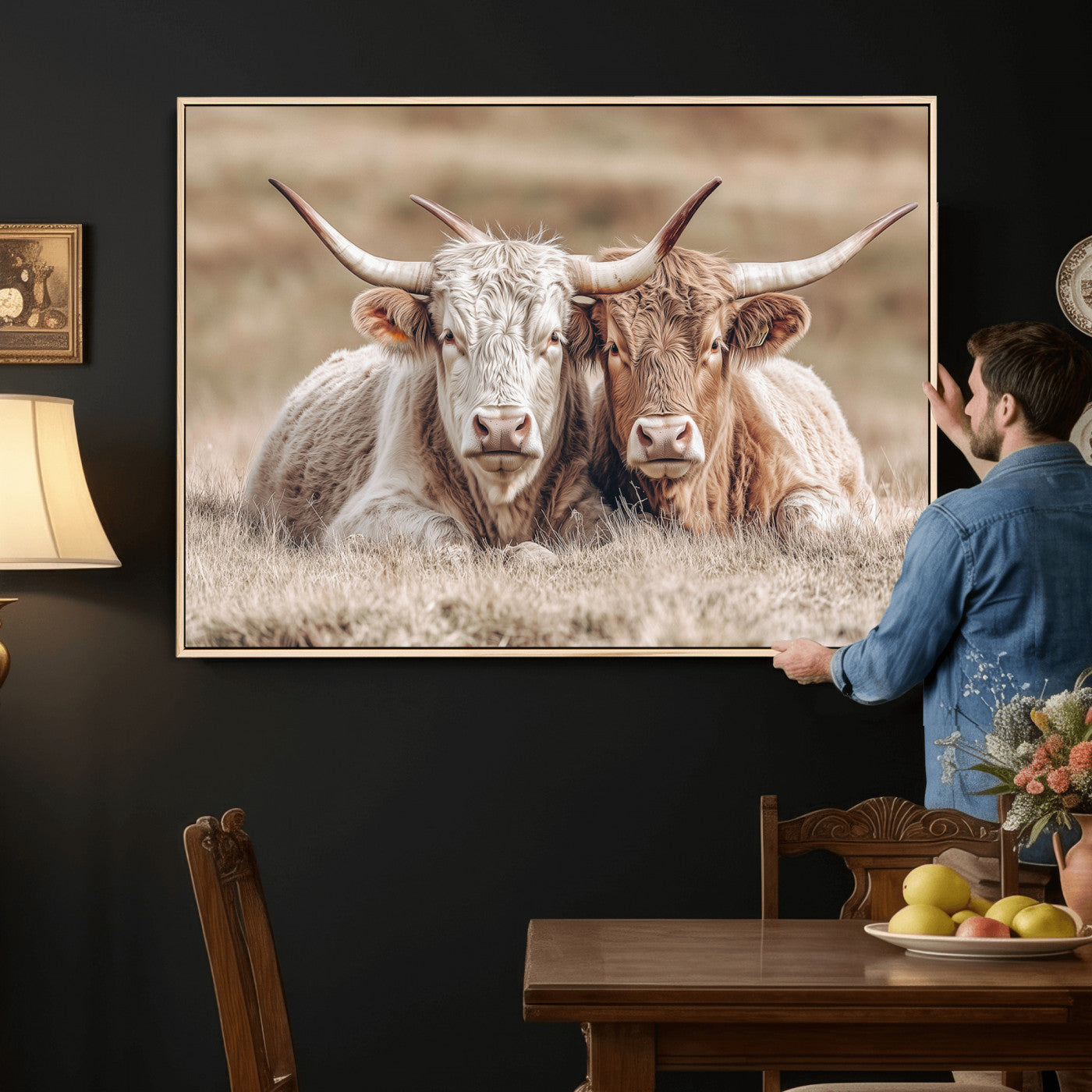 38651722-MGV-CV-36X24 - Highland Cows Meadow Canvas Wall Art – Peaceful Cow Photography Print, Rustic Farmhouse Animal Decor for Country Home, Living Room, Office