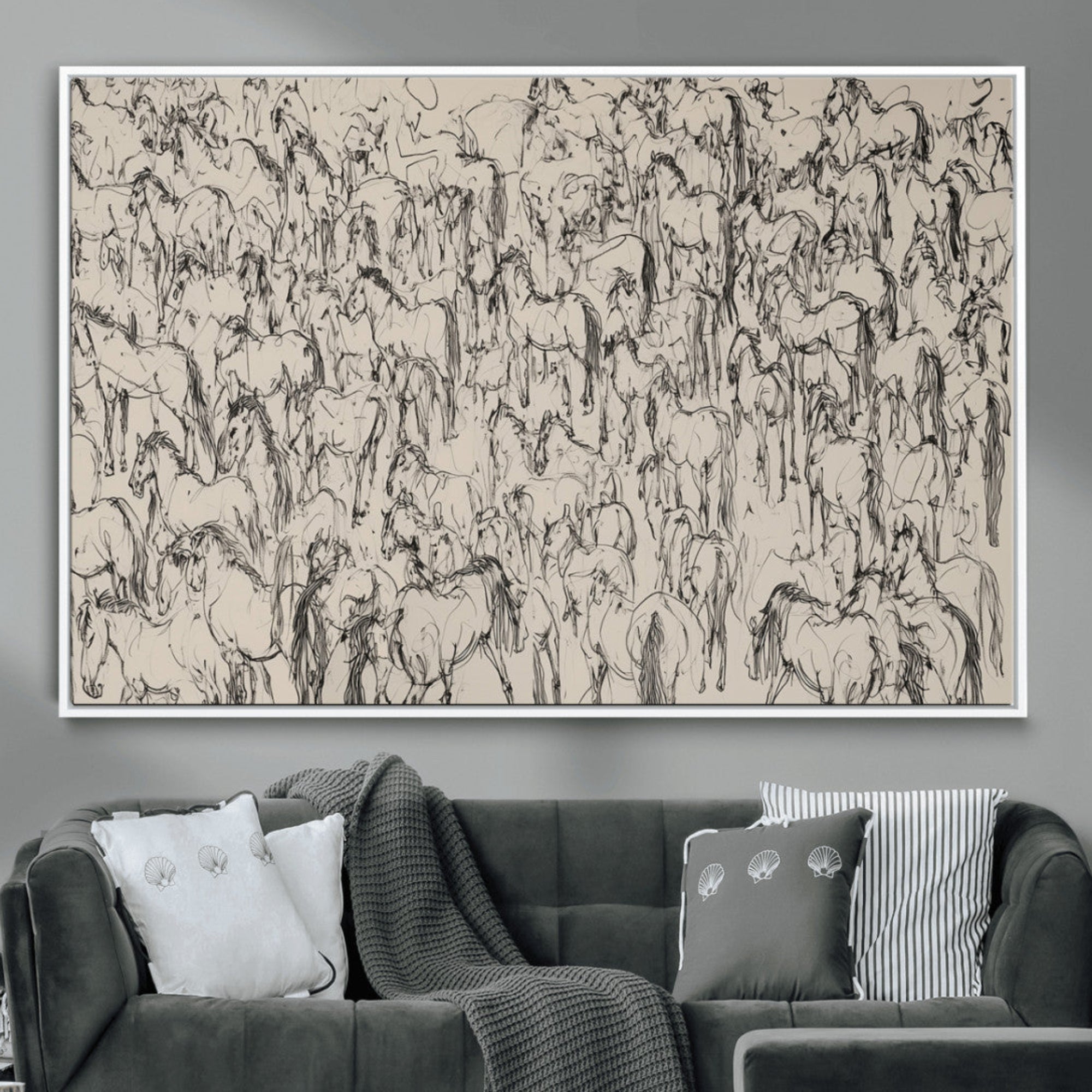 12358908-MGV-CV-36X24-Wild Horse Stampede Wall Art Canvas Print – Monochrome Running Horses Dynamic Motion Elegant Artwork for Home, Office