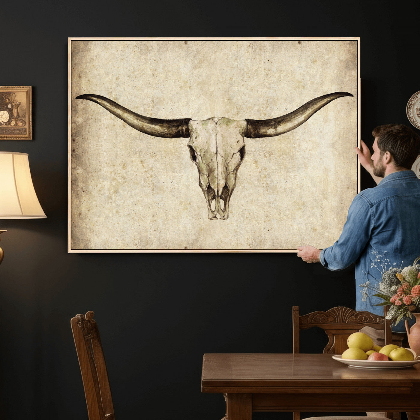 42788678-MGV-CV-36X24 - Longhorn Skull Wall Art Canvas Print – Rustic Western Artwork Print for Living Room Wall Decor
