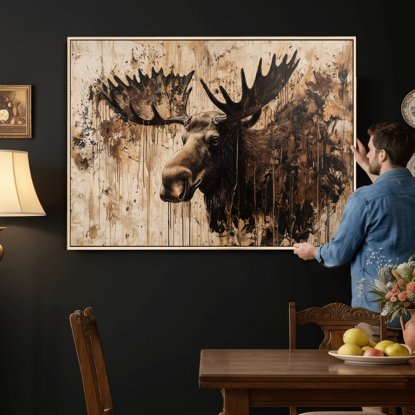 83505059-MGV-CV-36X24 - Moose Canvas Wall Art — Rustic Wildlife Painting Print | Cabin Lodge Decor | Large Animal Wall Art | Moose Gift for Him | Man Cave Art