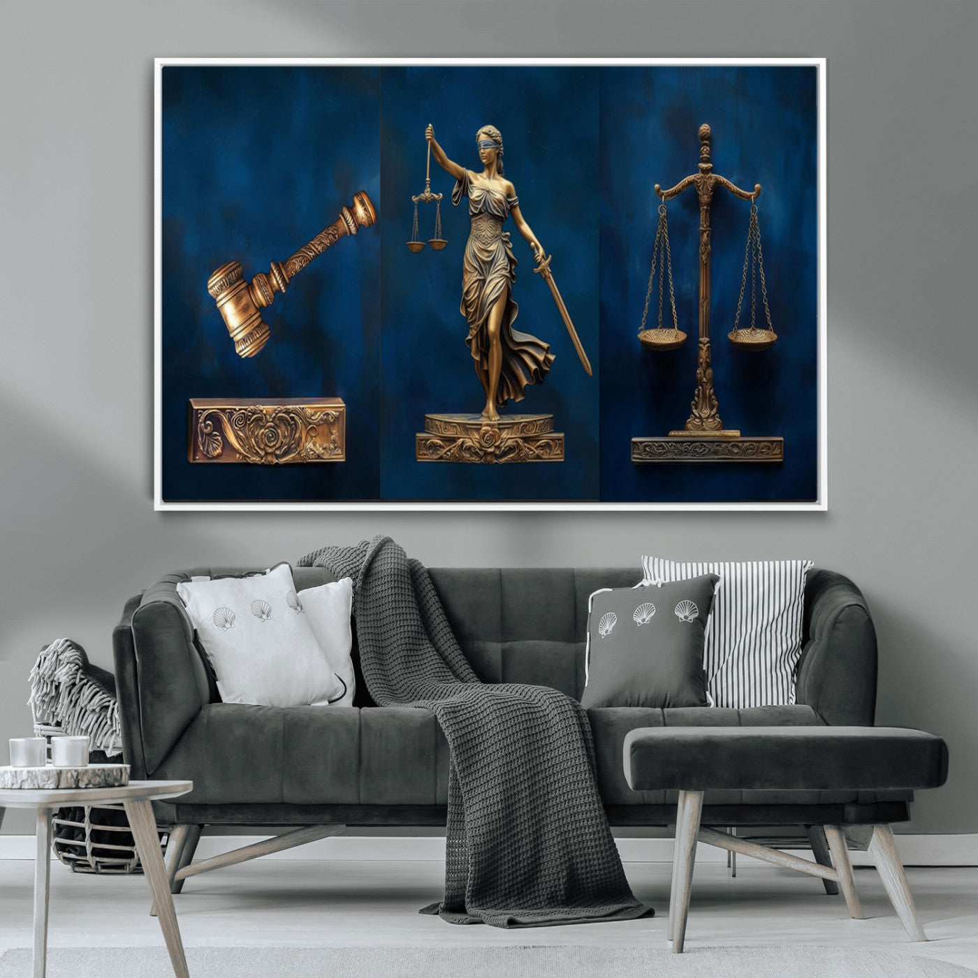 MGV-FC-36X24 - Lady Justice Wall Art Canvas Print – Elegant Gold Legal Symbols on Blue Background, Perfect for Law