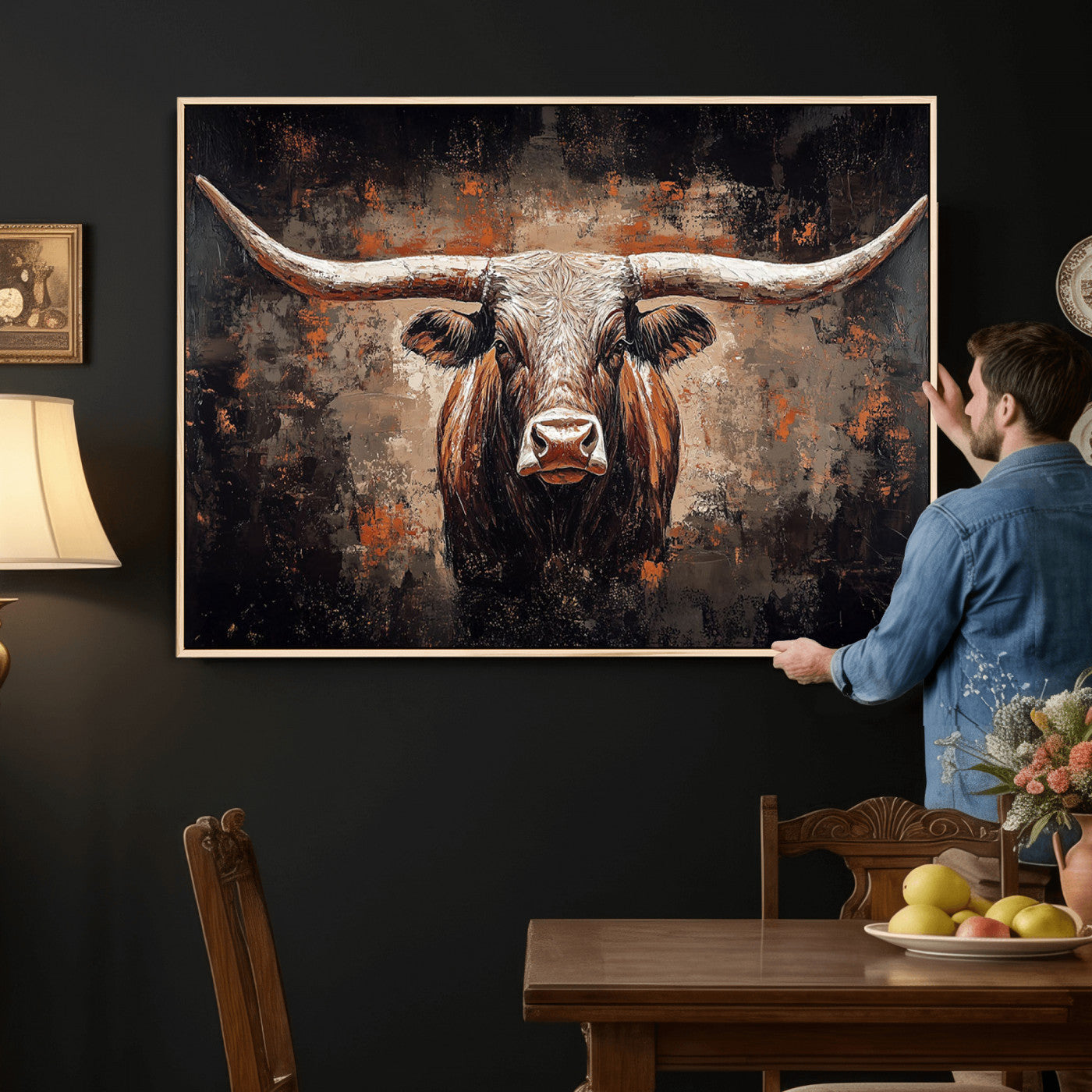 24779067-MGV-CV-36X24 - Rustic Longhorn Bull Wall Art Canvas Print – Vintage Western Cattle Painting, Texas Steer Artwork