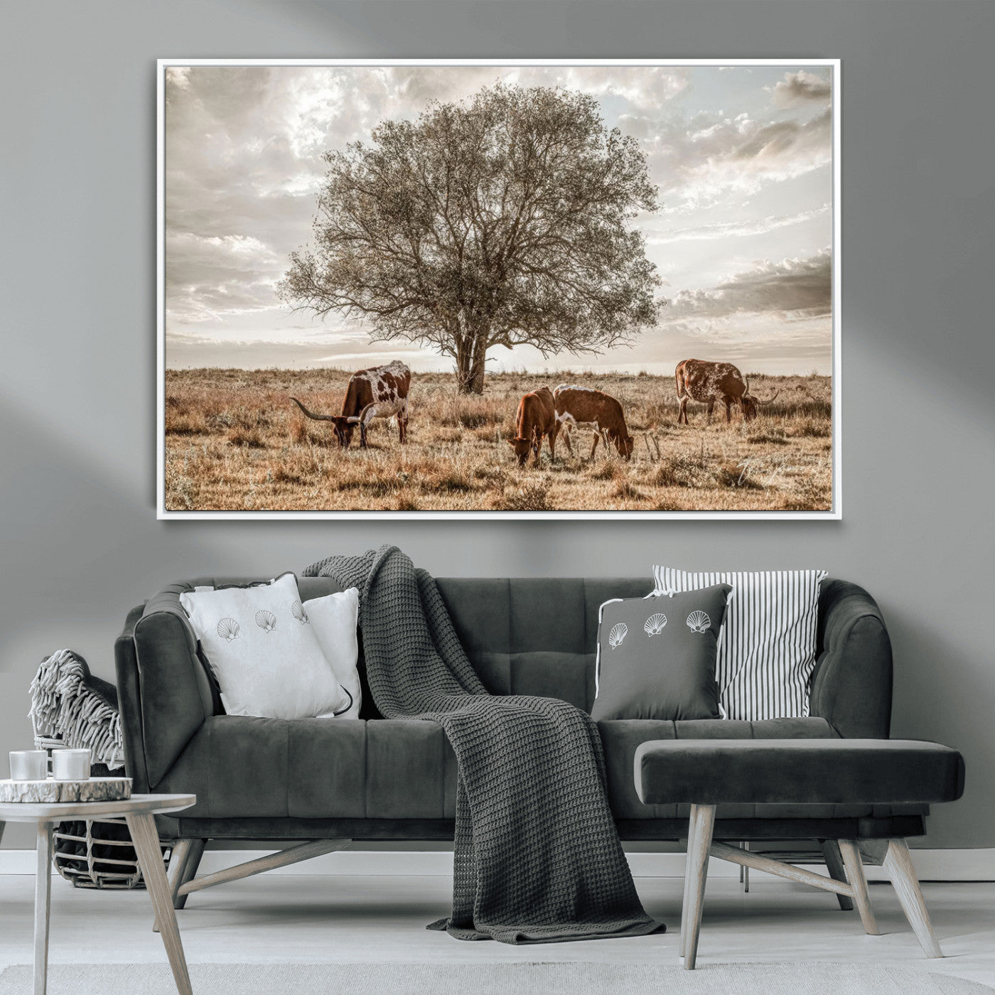 Texas Longhorn Cattle Wall Art Canvas Print – Rustic Western Ranch Scene with Steers at Sunset, Perfect for Farmhouse or Cowboy Decor
