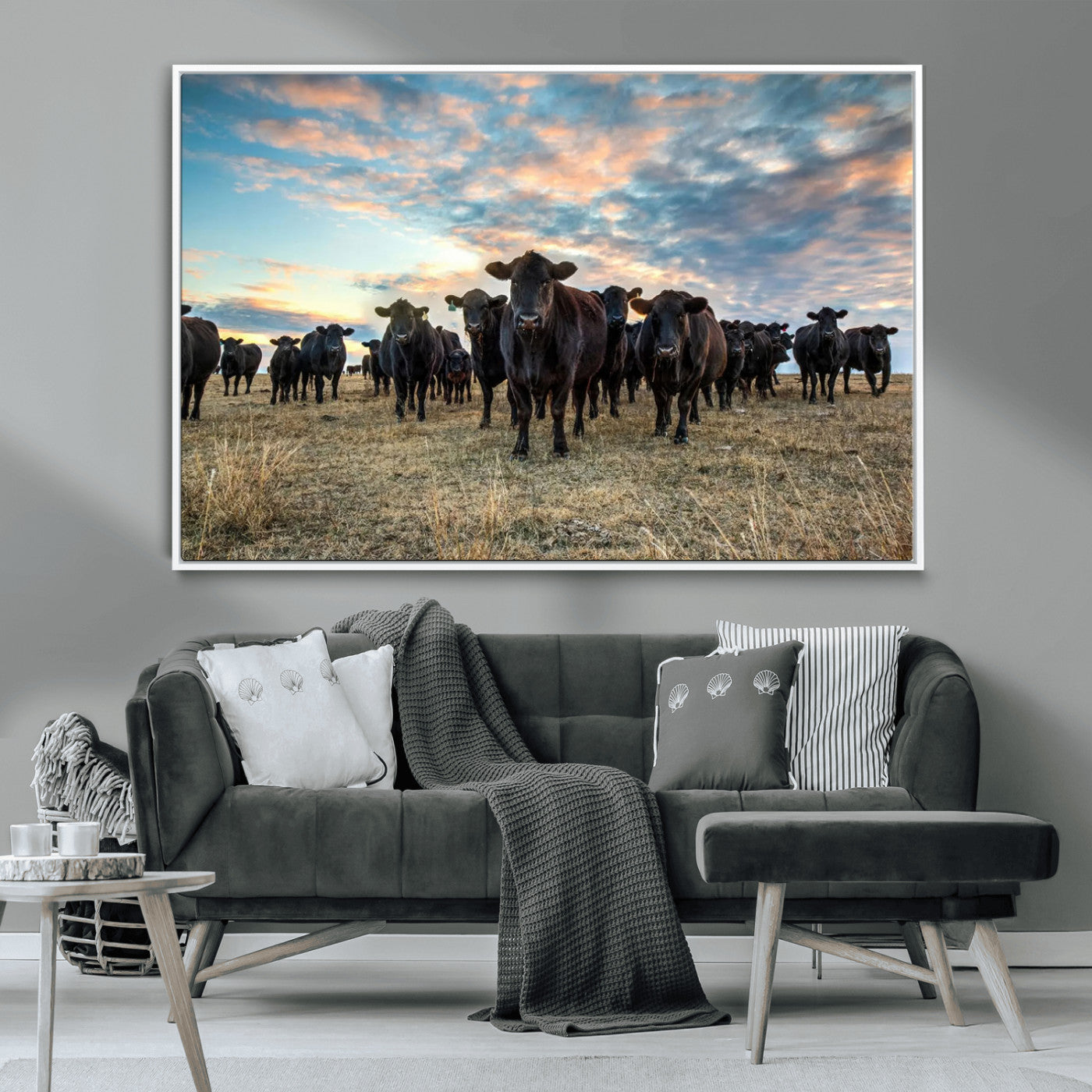 13867292-MGV-CV-36X24-Texas Longhorn Cattle Wall Art Canvas Print – Rustic Western Ranch Scene with Steers at Sunset, Perfect for Farmhouse or Cowboy Decor