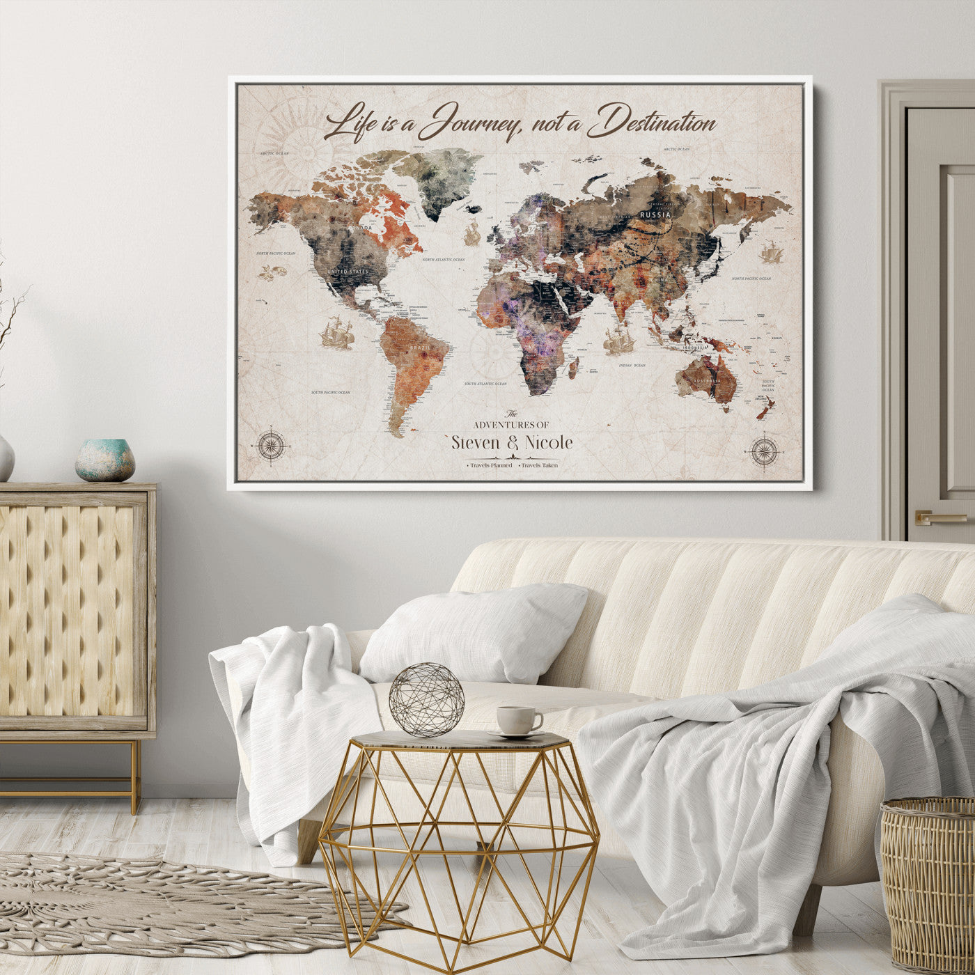 96000140-MGV-CV-36X24-Custom Push Pin World Map Wall Canvas Print – Personalized Travel Tracker with Pins – Framed Large Multi-Size Canvas for Home Office Decor