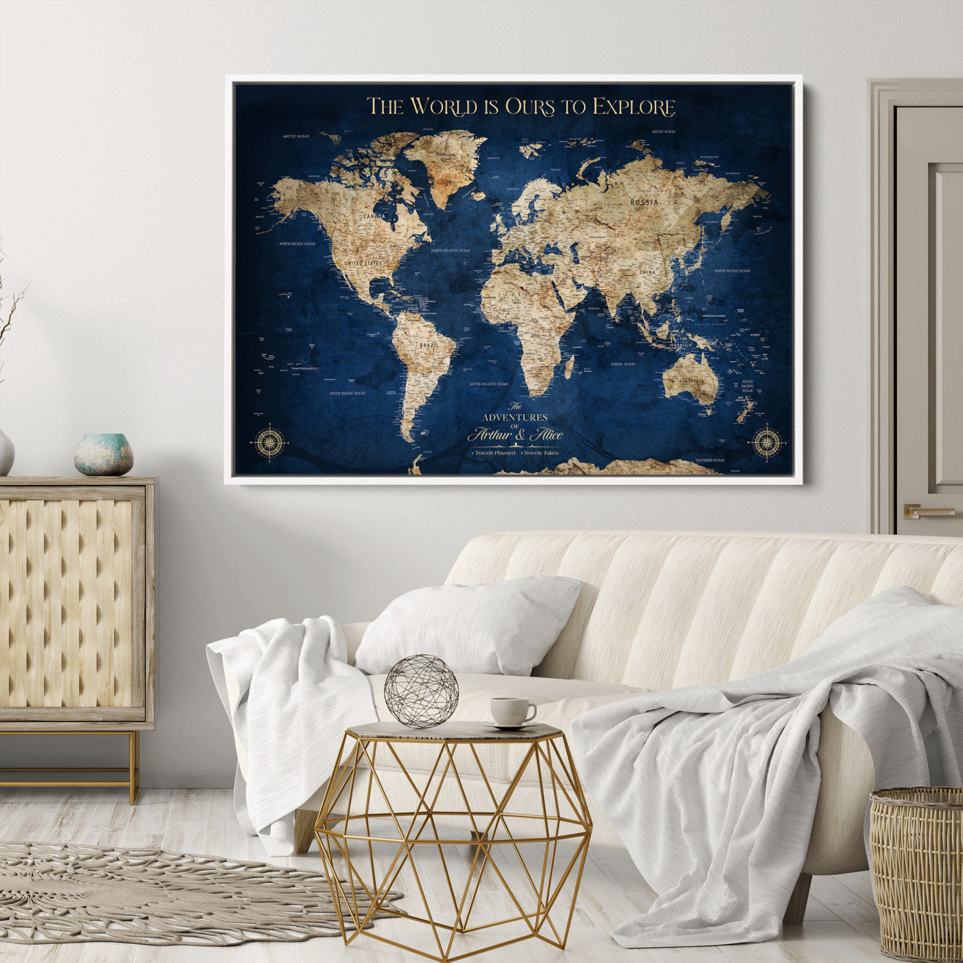 10181149-MGV-CV-36X24-Custom Push Pin World Map Wall Canvas Print – Personalized Travel Tracker with Pins – Framed Large Multi-Size Canvas for Home Office Decor