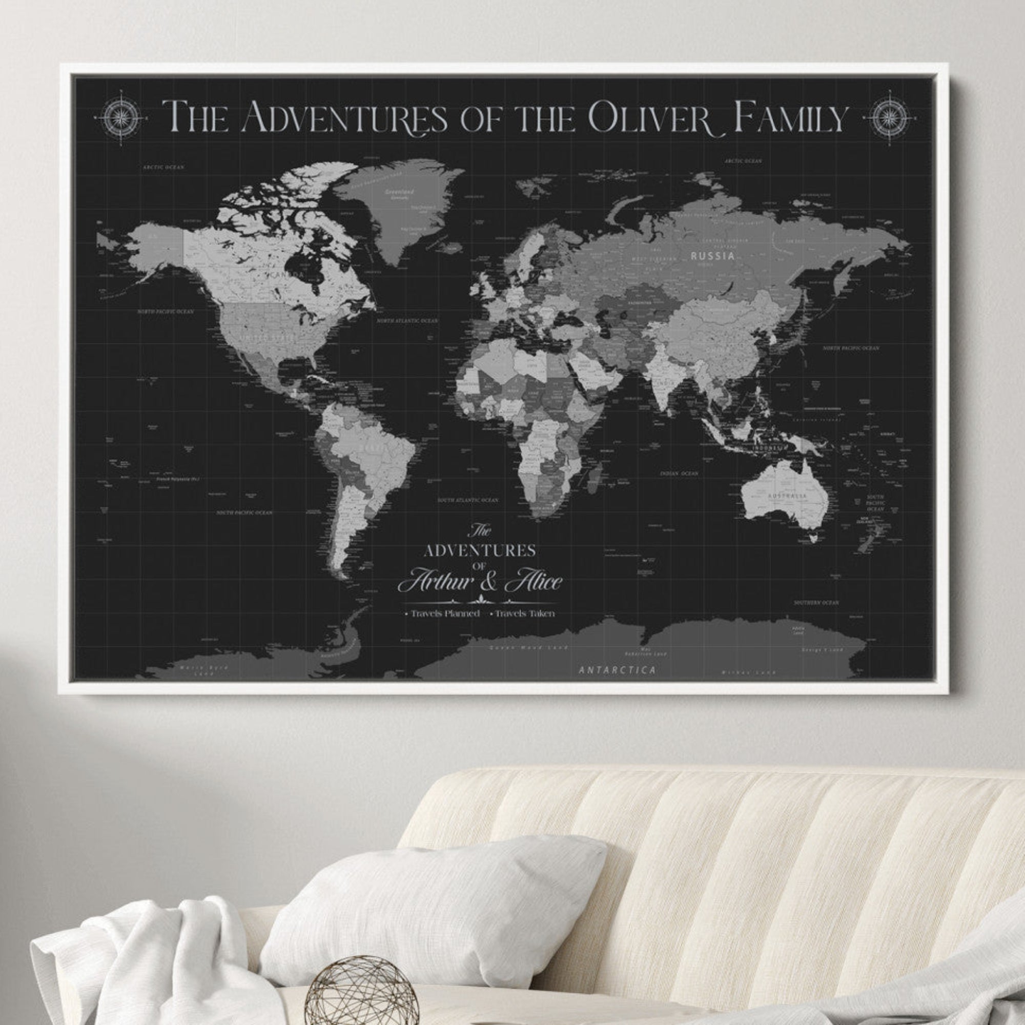 -Personalized Family World Map Canvas – Custom Framed Push Pin Travel Tracker, Modern Adventure Wall Art for Home, Office