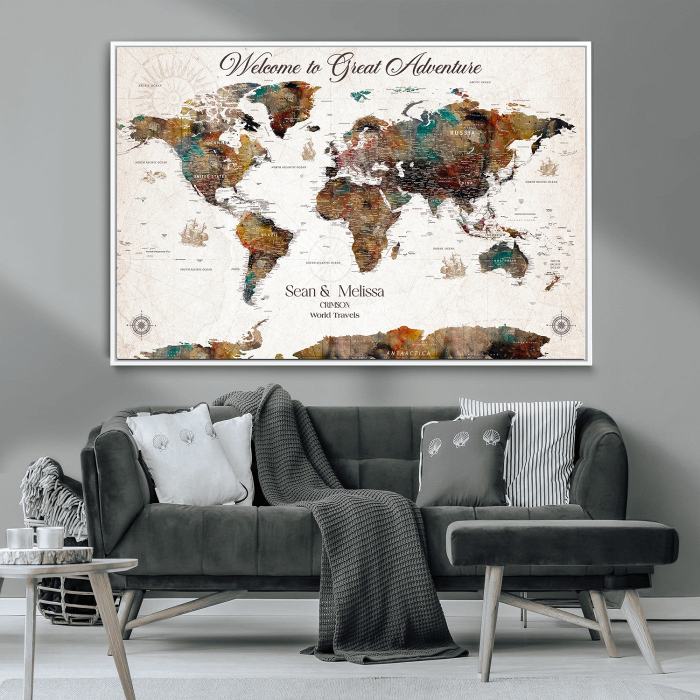 92462592-MGV-CV-36X24-Customize Push Pin World Map Wall Canvas Print – Personalizable Travel World Map with Pins – Framed Personalized Map Print for Couple Gift - H31