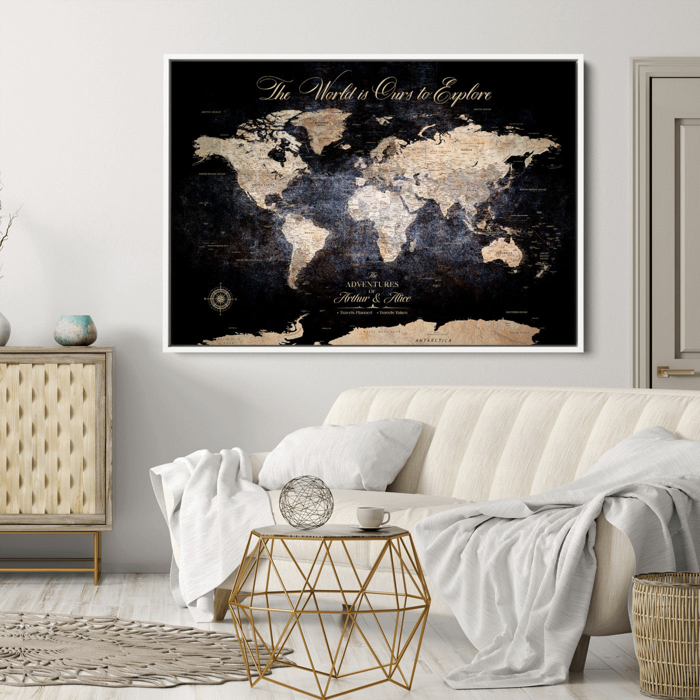 21010471-MGV-CV-36X24-Customize Push Pin World Map Wall Canvas Print, Personalized Travel Tracker with Pins, Framed Large Canvas for Home Office Decor - H37
