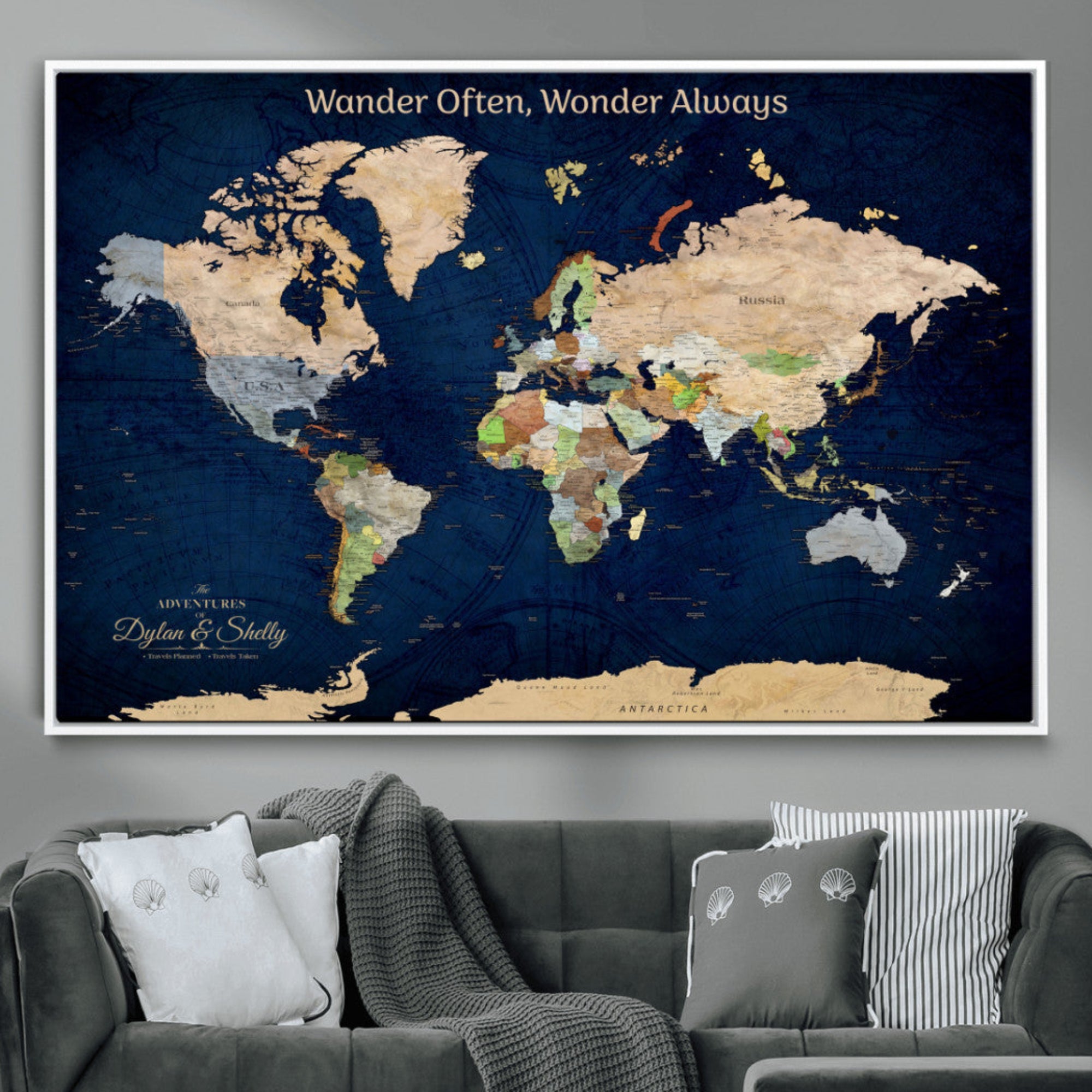 Rehber01-MGV-CV-36X24-Personalized World Map Canvas – Custom Framed Push Pin Travel Map Wall Art, Navy Blue Vintage Gift for Couples and Adventurers