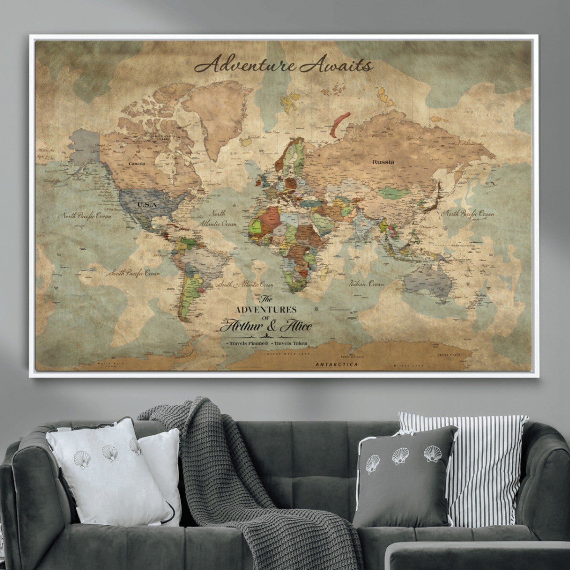 Rehber01-MGV-CV-36X24-Personalized Vintage World Map Canvas Print – Custom Push Pin Travel Map Antique Style Gift for Couples Travelers for Home Office