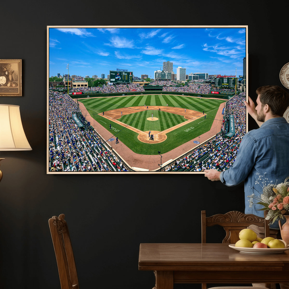 35800083-MGV-CV-36X24 - Wrigley Field Baseball Stadium Canvas Wall Art – Packed Crowd Sports Stadium City Skyline Artwork for Home Office