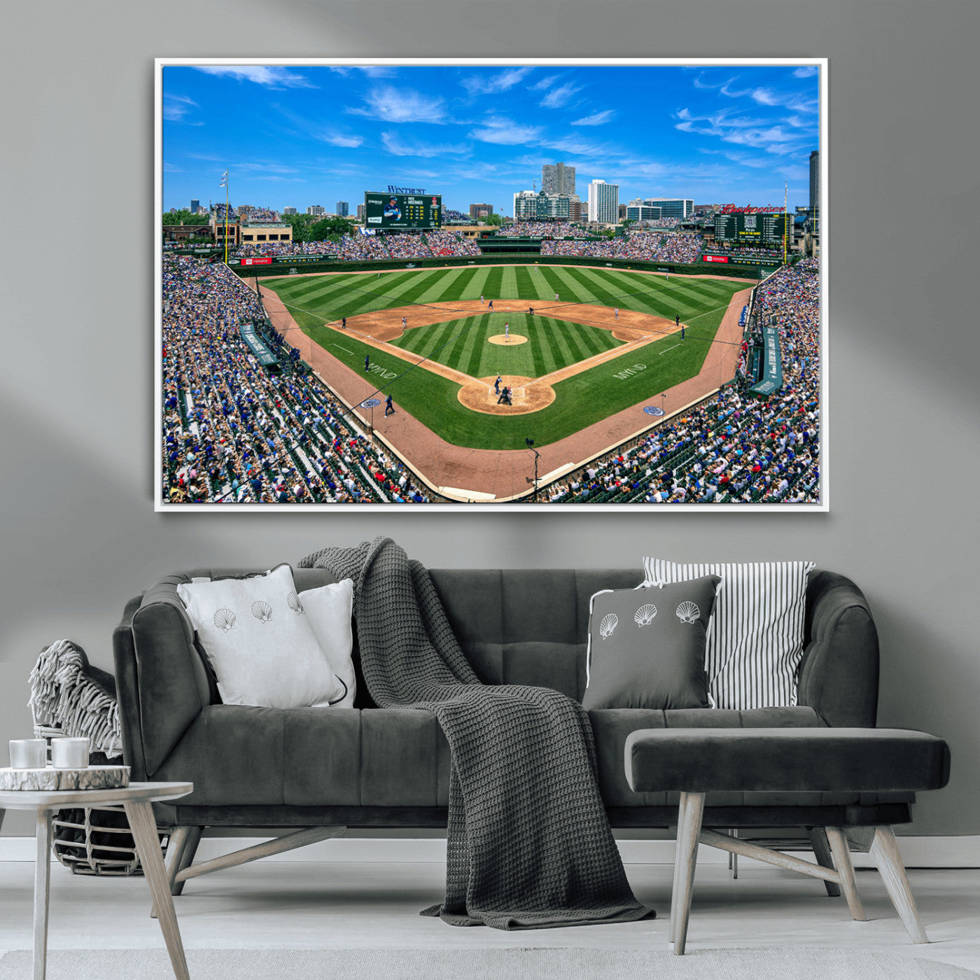 35800083-MGV-FC-36X24 - Wrigley Field Baseball Stadium Canvas Wall Art – Packed Crowd Sports Stadium City Skyline Artwork for Home Office