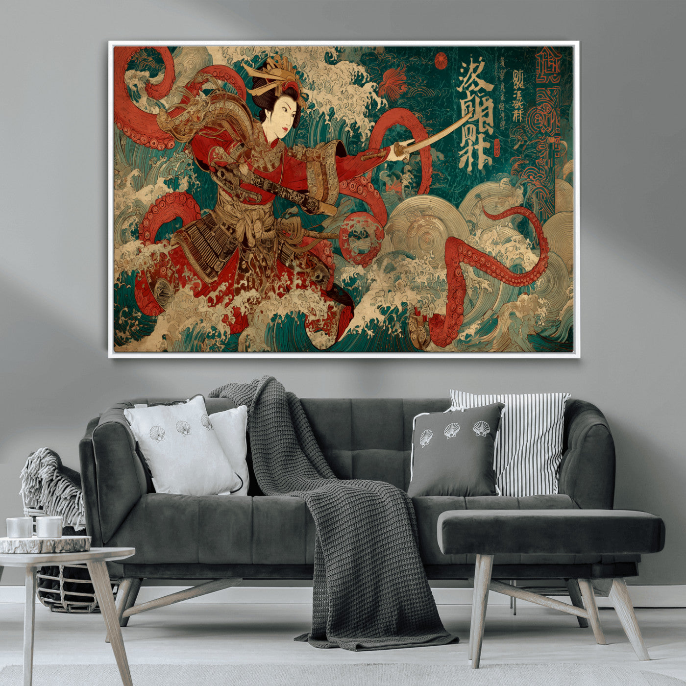 MGV-FC-36X24 - Tsukioka Yoshitoshi Samurai Wall Art Print, Japanese Katana Warrior Canvas Wall Art, Octopus Sea Monster Canvas Print,
