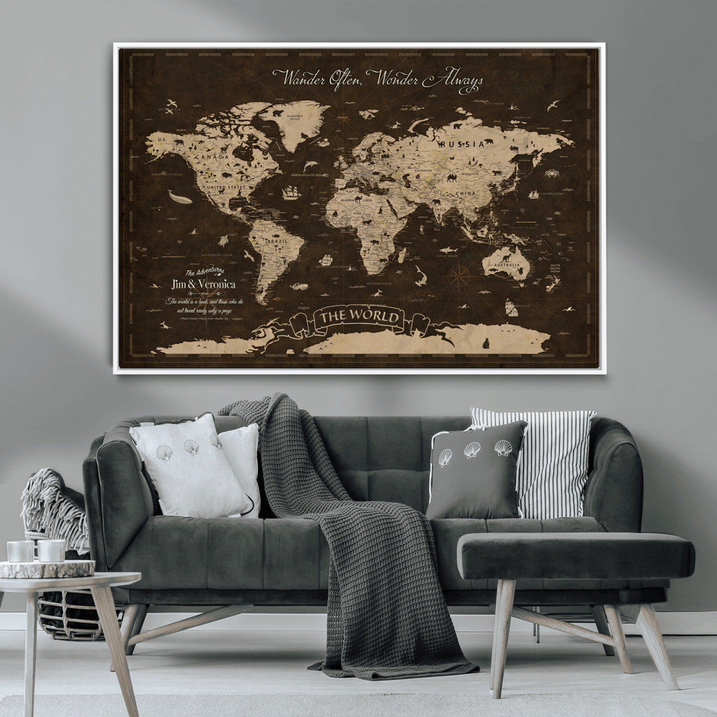 47004909-MGV-CV-36X24-Customize Push Pin World Map Wall Art Canvas Print – Personalized Map for Kids Room – Framed Custom Animal Map for Stady Room Decor