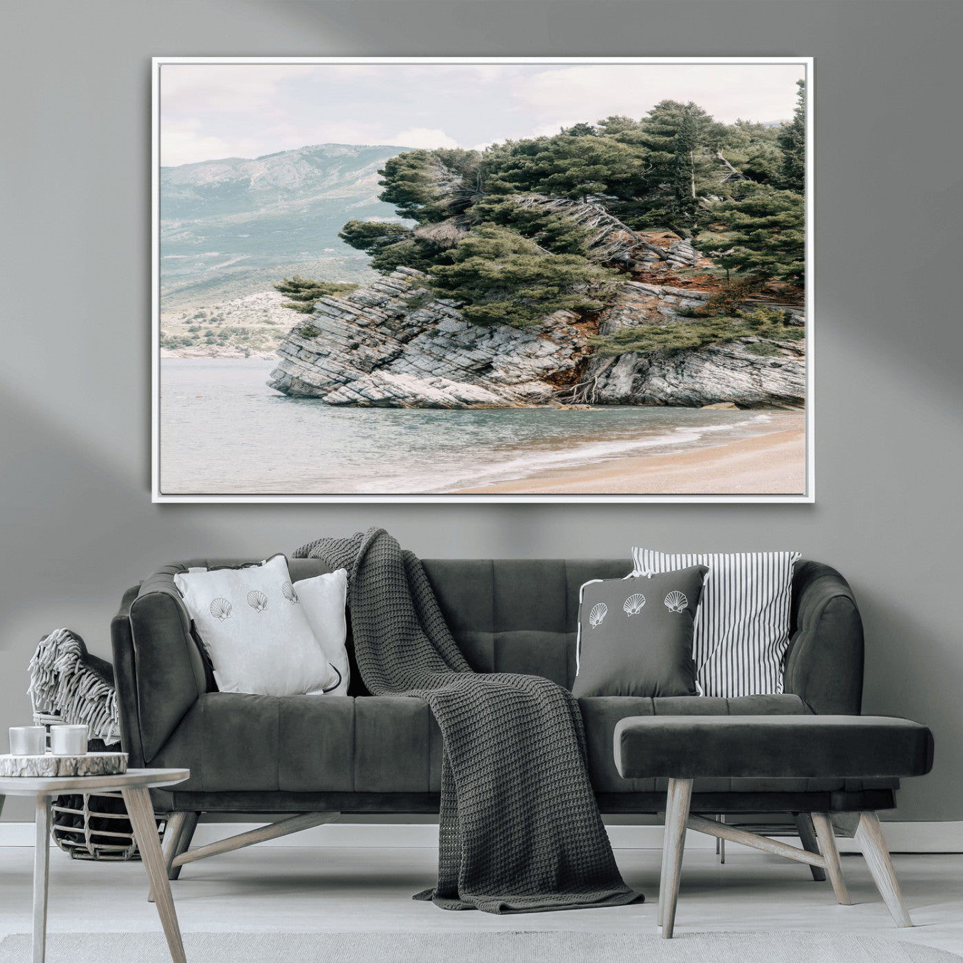 MGV-FC-36X24 - Coastal Rock Canvas Wall Art Print, Scenic Beach Landscape, Pine Trees on Rocky Cliff, Large Nature
