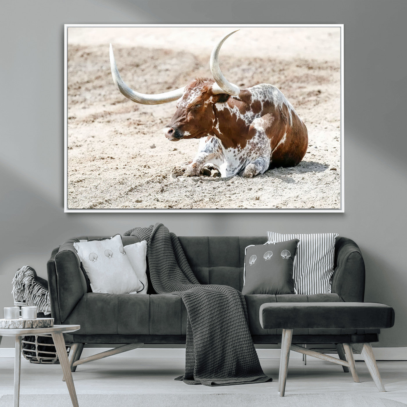 MGV-FC-36X24 - Majestic Longhorn Resting on Sunlit Desert Ground – Striking Western-Themed Wall Art Canvas Print