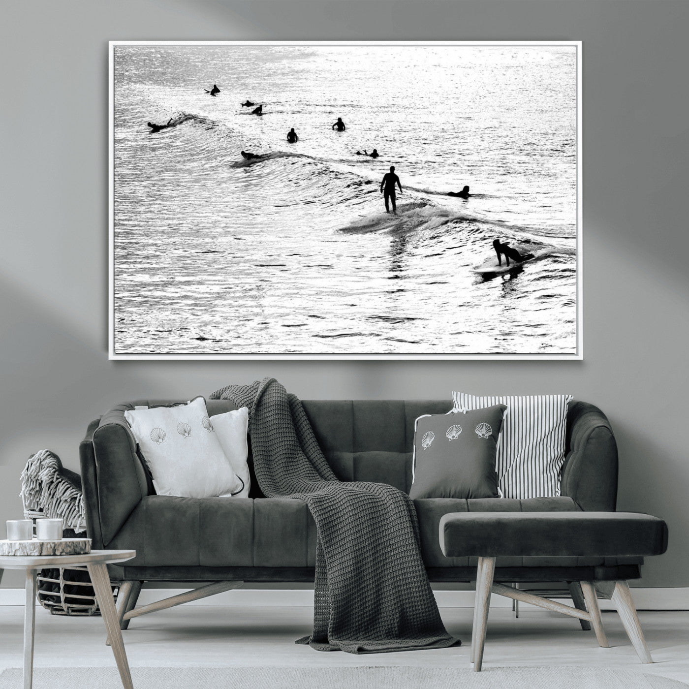 MGV-FC-36X24 - Black and White Surfers Riding Gentle Ocean Waves – Minimalist Coastal Photography Wall Art Canvas