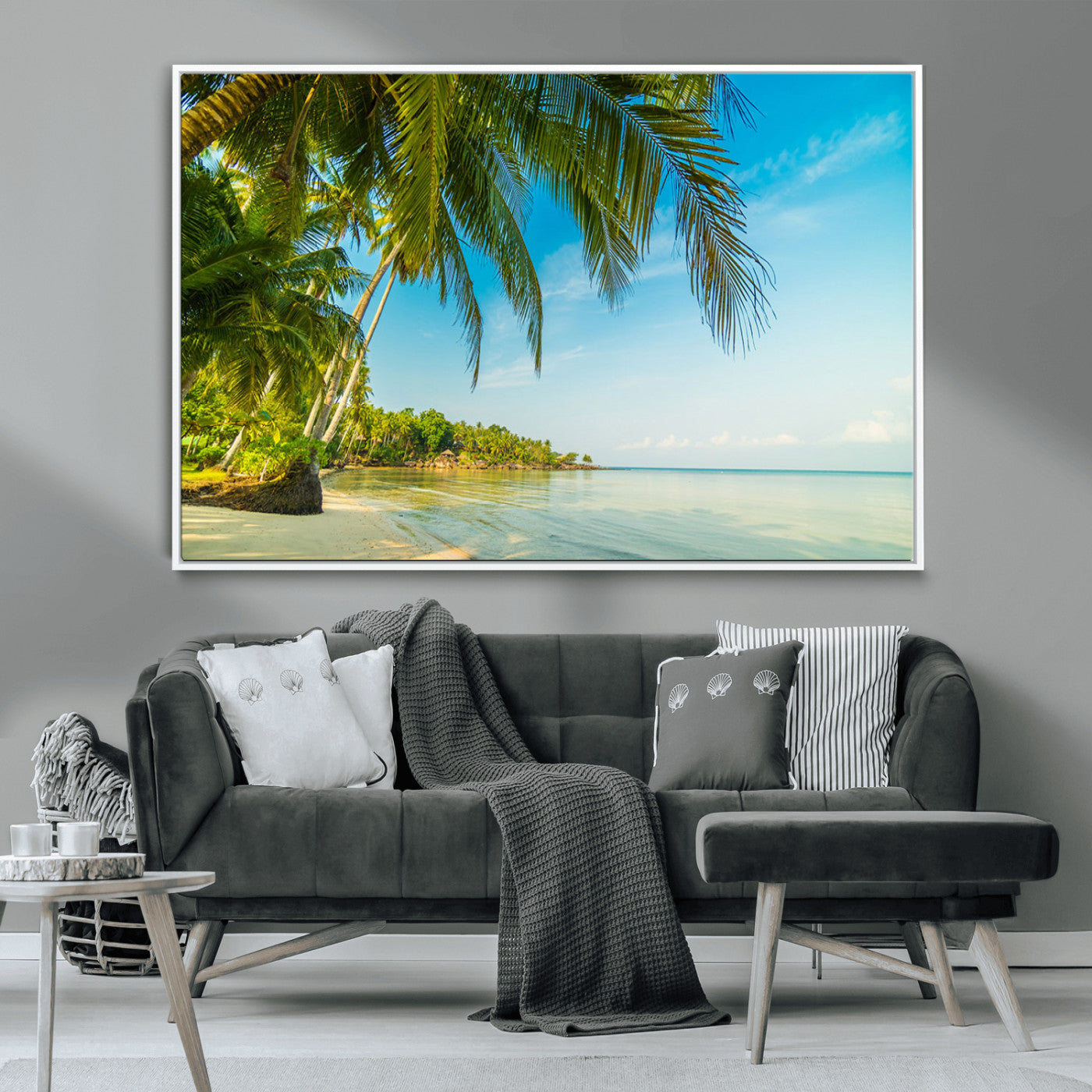 MGV-FC-36X24 - Peaceful Tropical Beach with Palm Trees and Calm Blue Sea – Serene Coastal Wall Art Canvas Print for