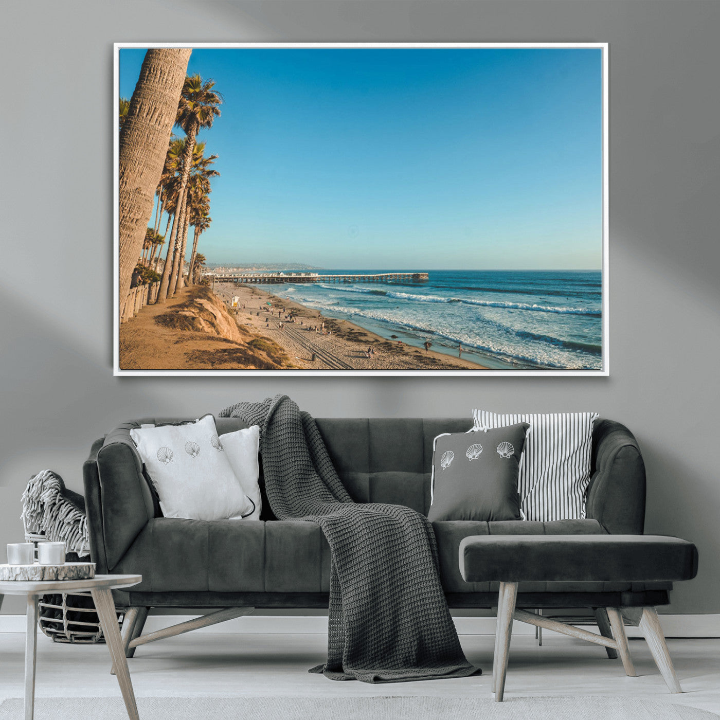MGV-FC-36X24 - Scenic Beach with Tall Palm Trees, Sandy Shore, and Long Pier Stretching into the Calm Ocean Under