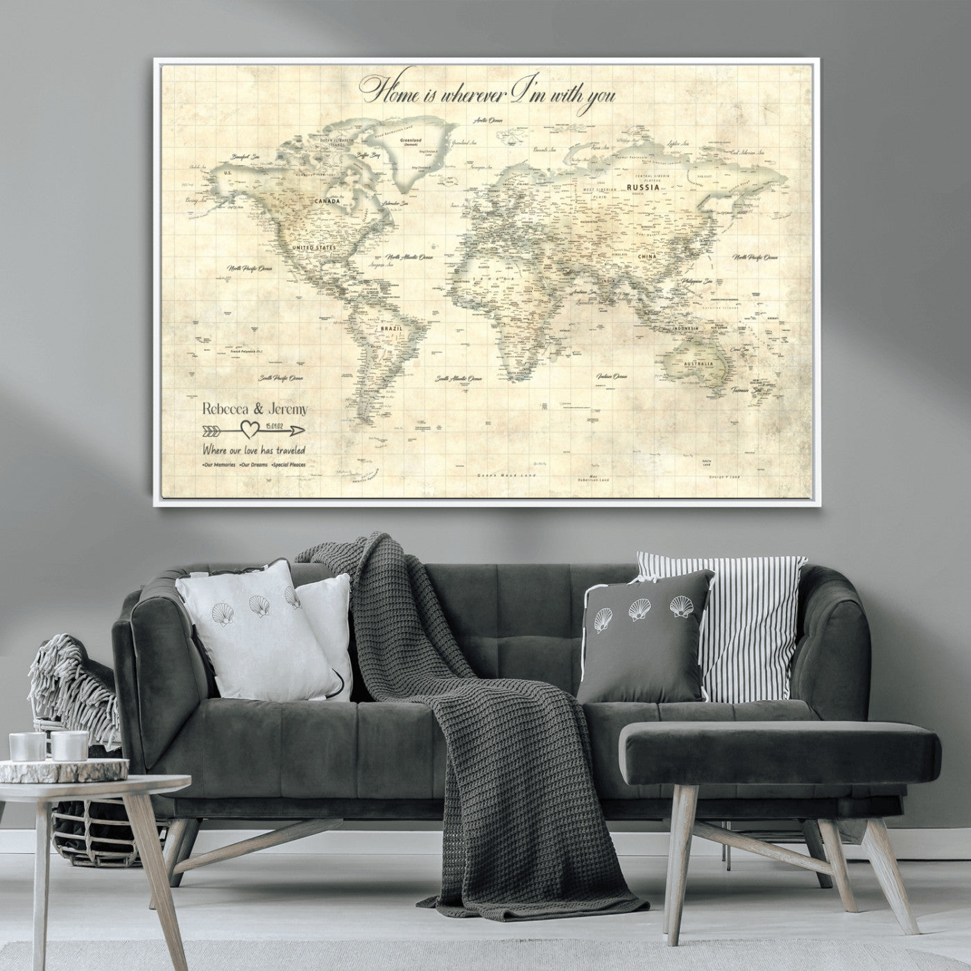 MGV-FC-36X24 - Personalized World Map Wall Art Canvas Print – Custom Push Pin Travel Map for Couples, Families, or Office Décor