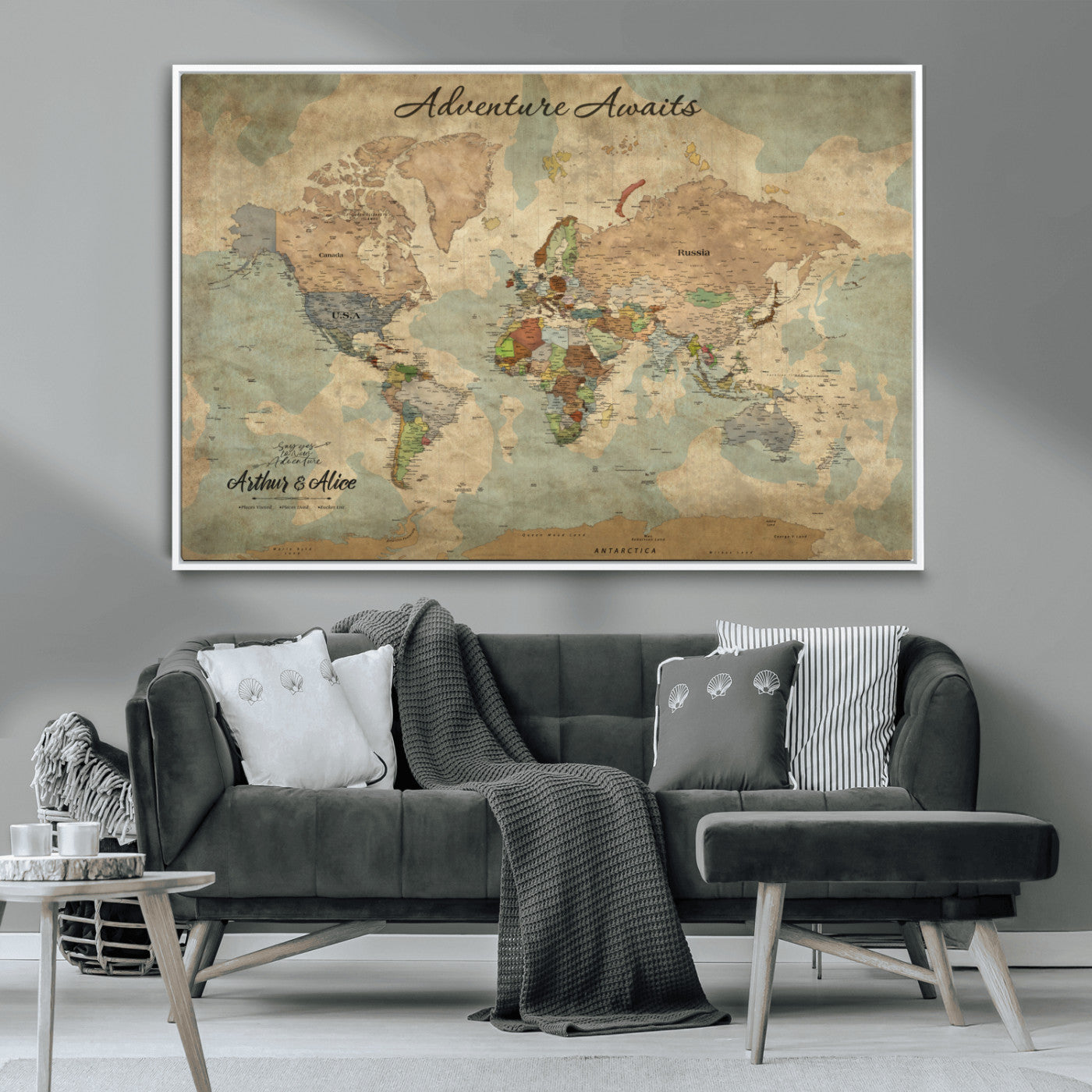MGV-FC-36X24 - Personalized World Map Wall Art Canvas Print – Custom Push Pin Travel Map for Couples, Families, or Office Décor