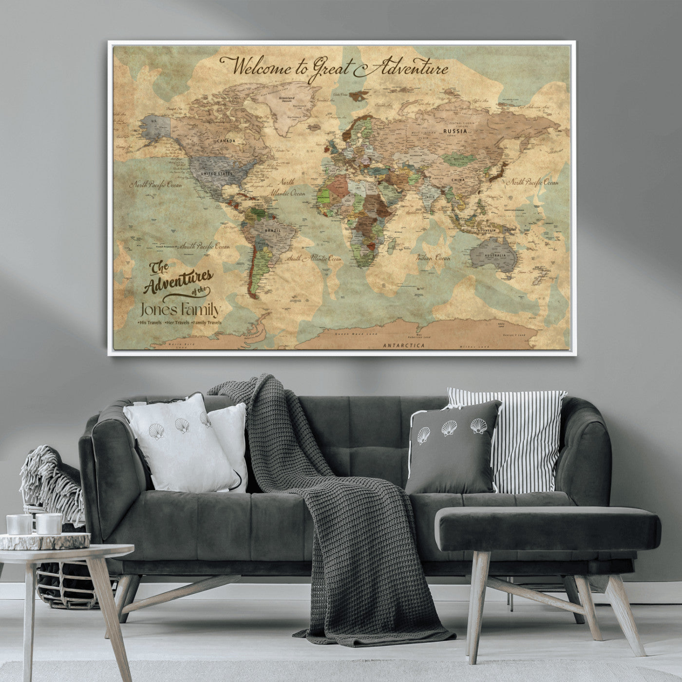 MGV-FC-36X24 - Personalized World Map Wall Art Canvas Print – Custom Push Pin Travel Map for Couples, Families, or Office Décor