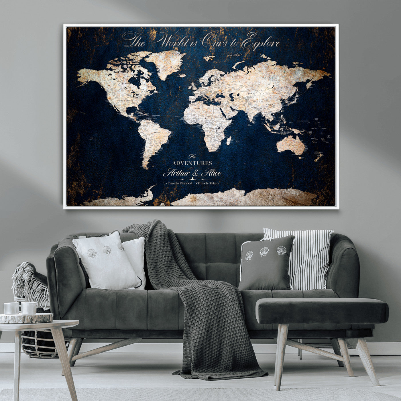 MGV-FC-36X24 - Personalized World Map Wall Art Canvas Print – Custom Push Pin Travel Map for Couples, Families, or Office Décor