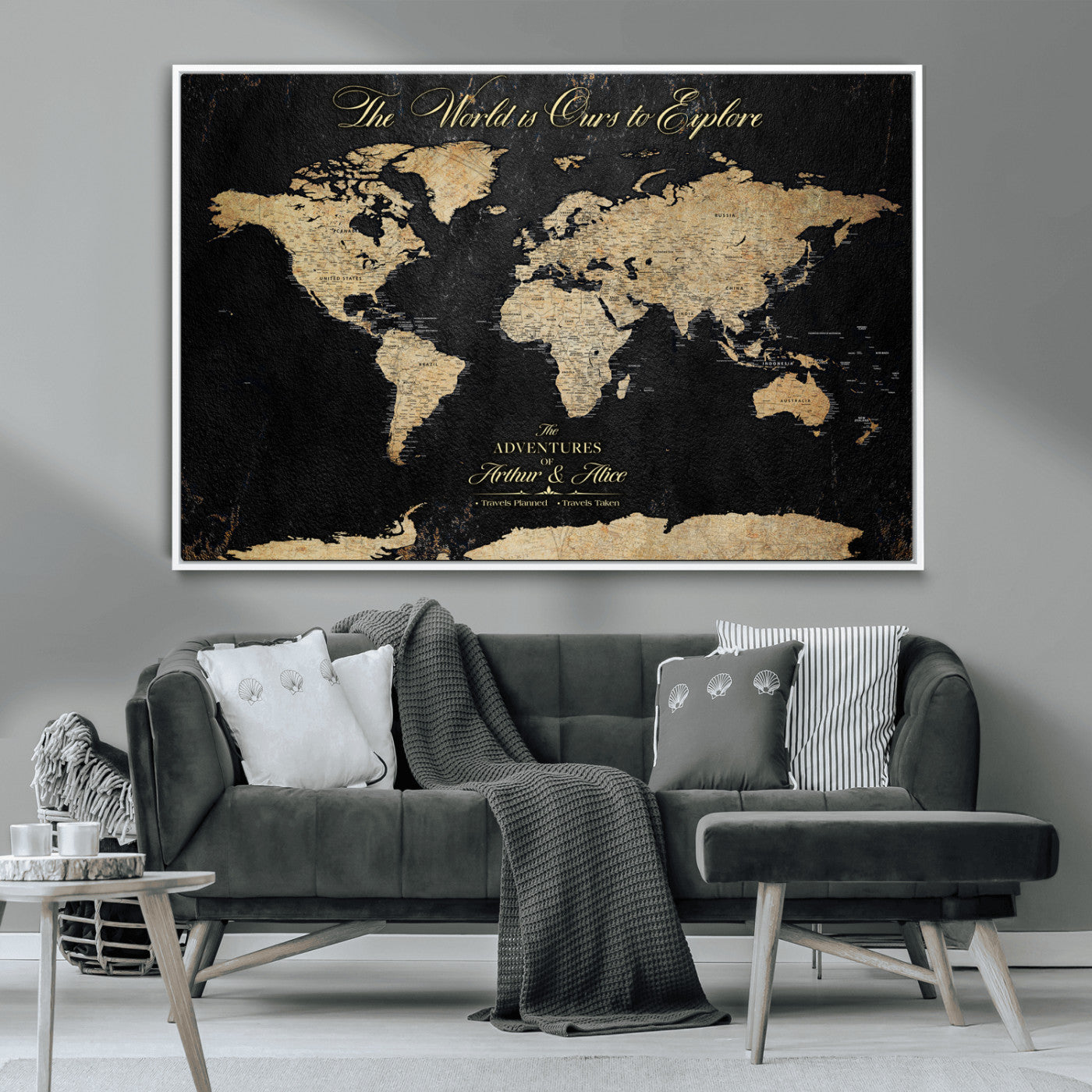 MGV-FC-36X24 - Personalized World Map Wall Art Canvas Print – Custom Push Pin Travel Map for Couples, Families, or Office Décor