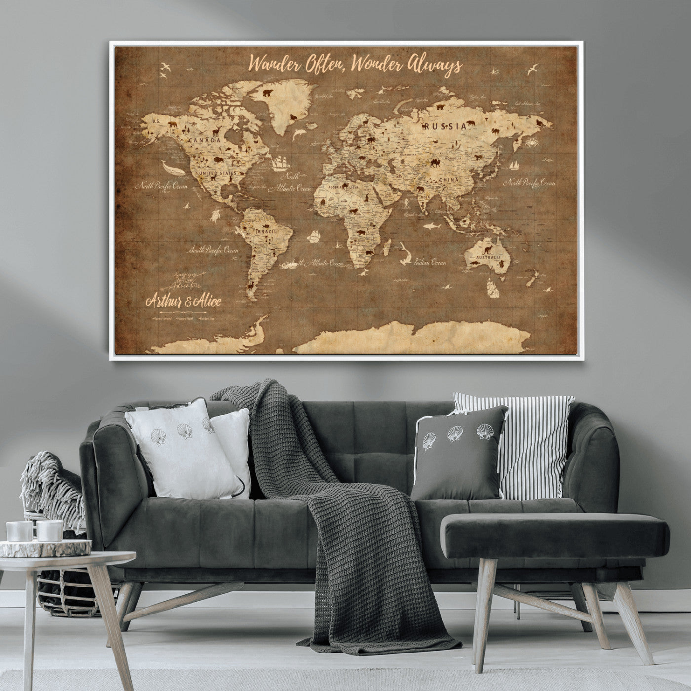 MGV-FC-36X24 - Personalized World Map Wall Art Canvas Print – Custom Push Pin Travel Map for Couples, Families, or Office Décor
