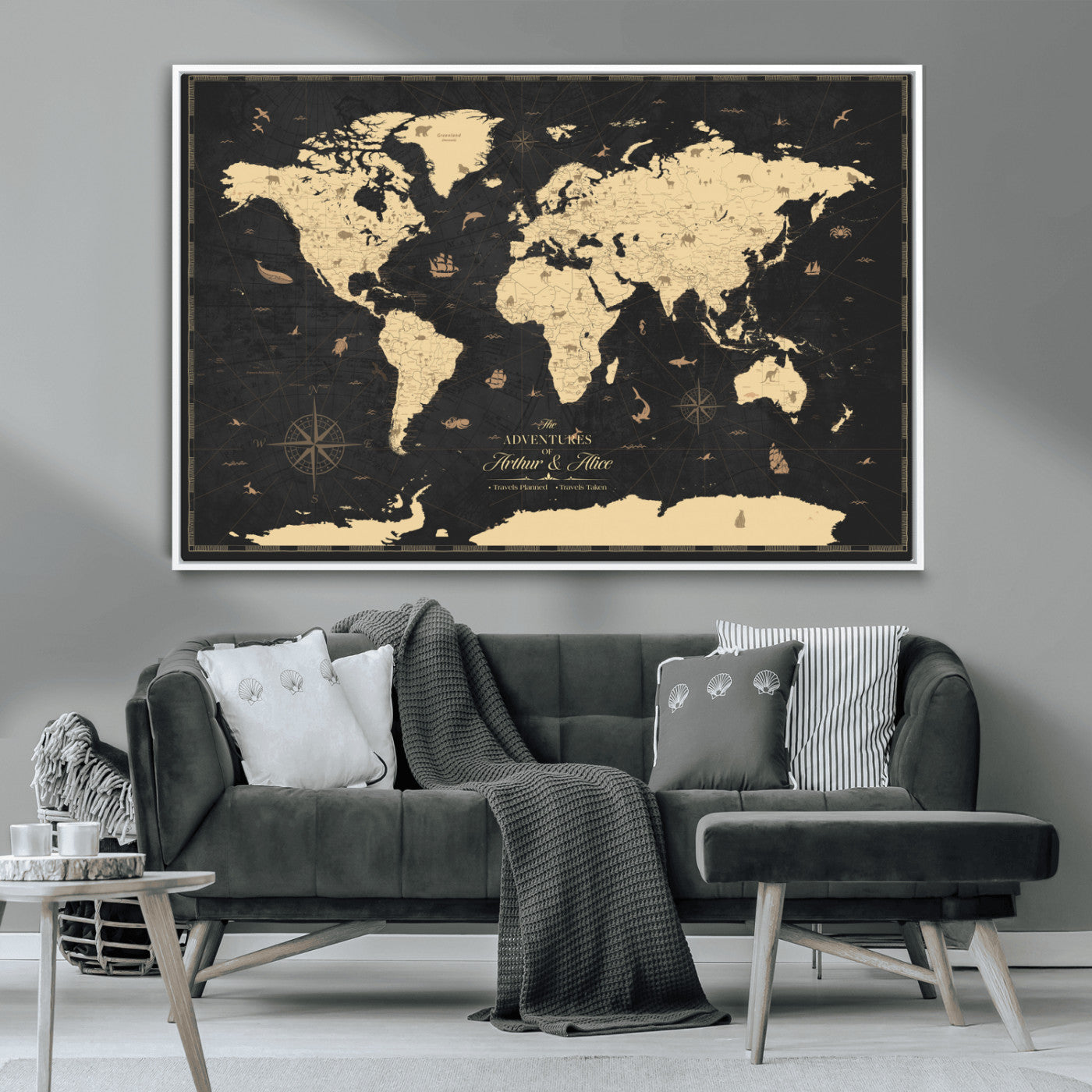 MGV-FC-36X24 - Personalized World Map Wall Art Canvas Print – Custom Push Pin Travel Map for Couples, Families, or Office Décor
