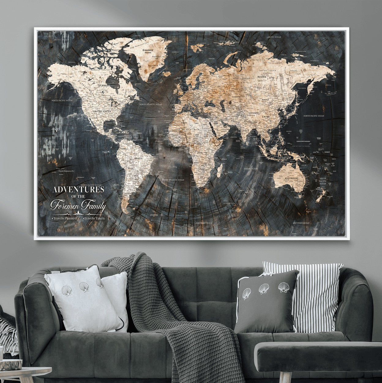 58265369-MGV-FC-36X24 - Customized Push Pin World Map Wall Art Canvas Print with Pins, Personalized Travel Tracker Map, Framed World Map for Living Room, Office and Home Decor
