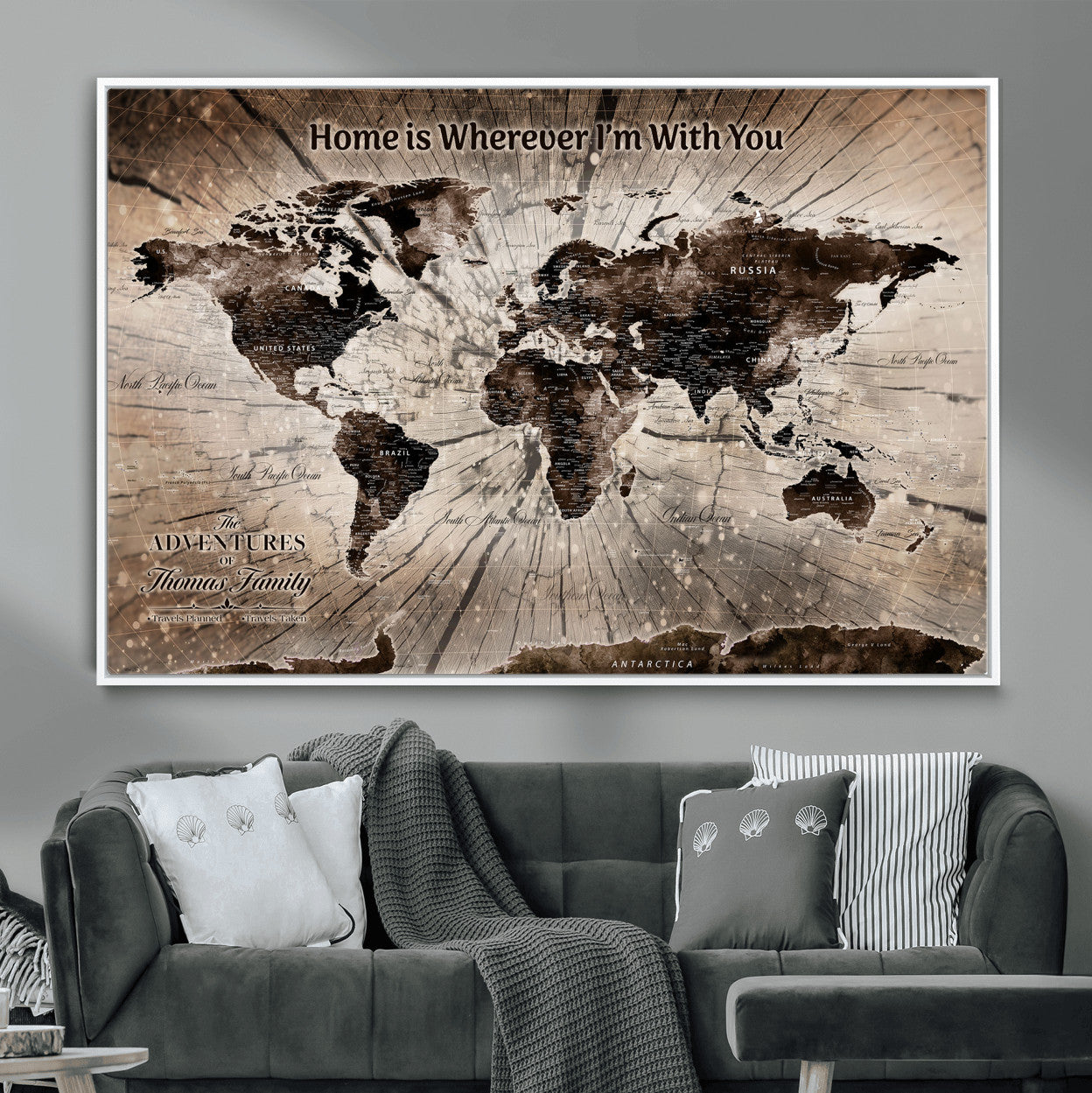 72371980-MGV-FC-36X24 - Personalized World Map Wall Art – Customizable Push Pin Framed Canvas Print Unique Travel Decor for Home, Office