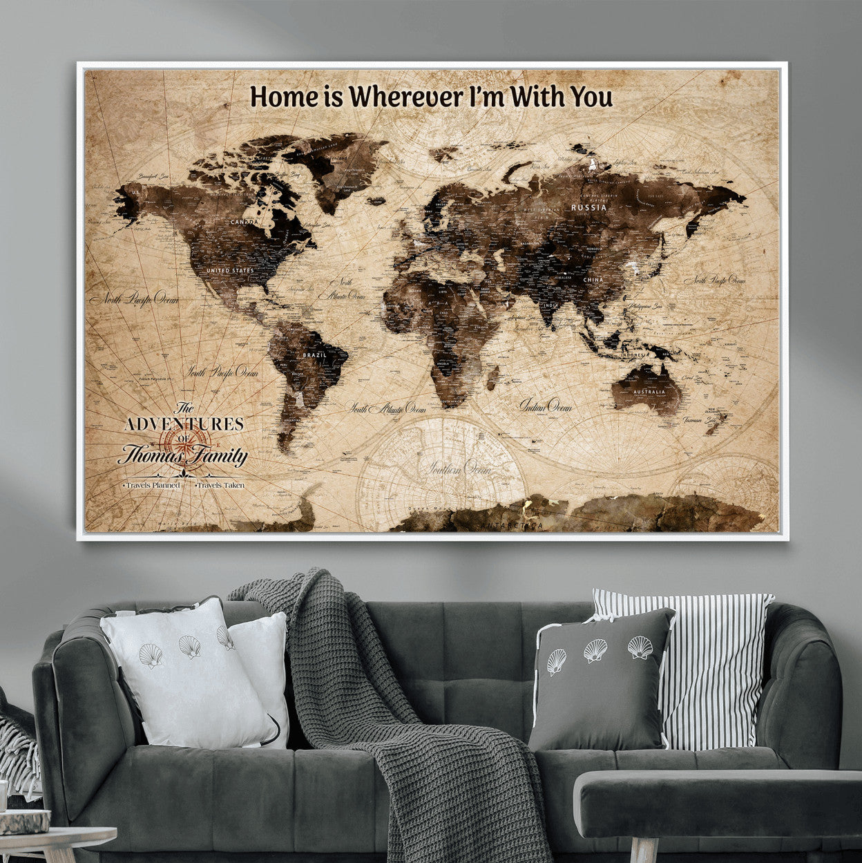 31398786-MGV-FC-36X24 - Personalized World Map Wall Art – Custom Framed Push Pin Travel Tracker Canvas Print Unique Gift for Home, Office