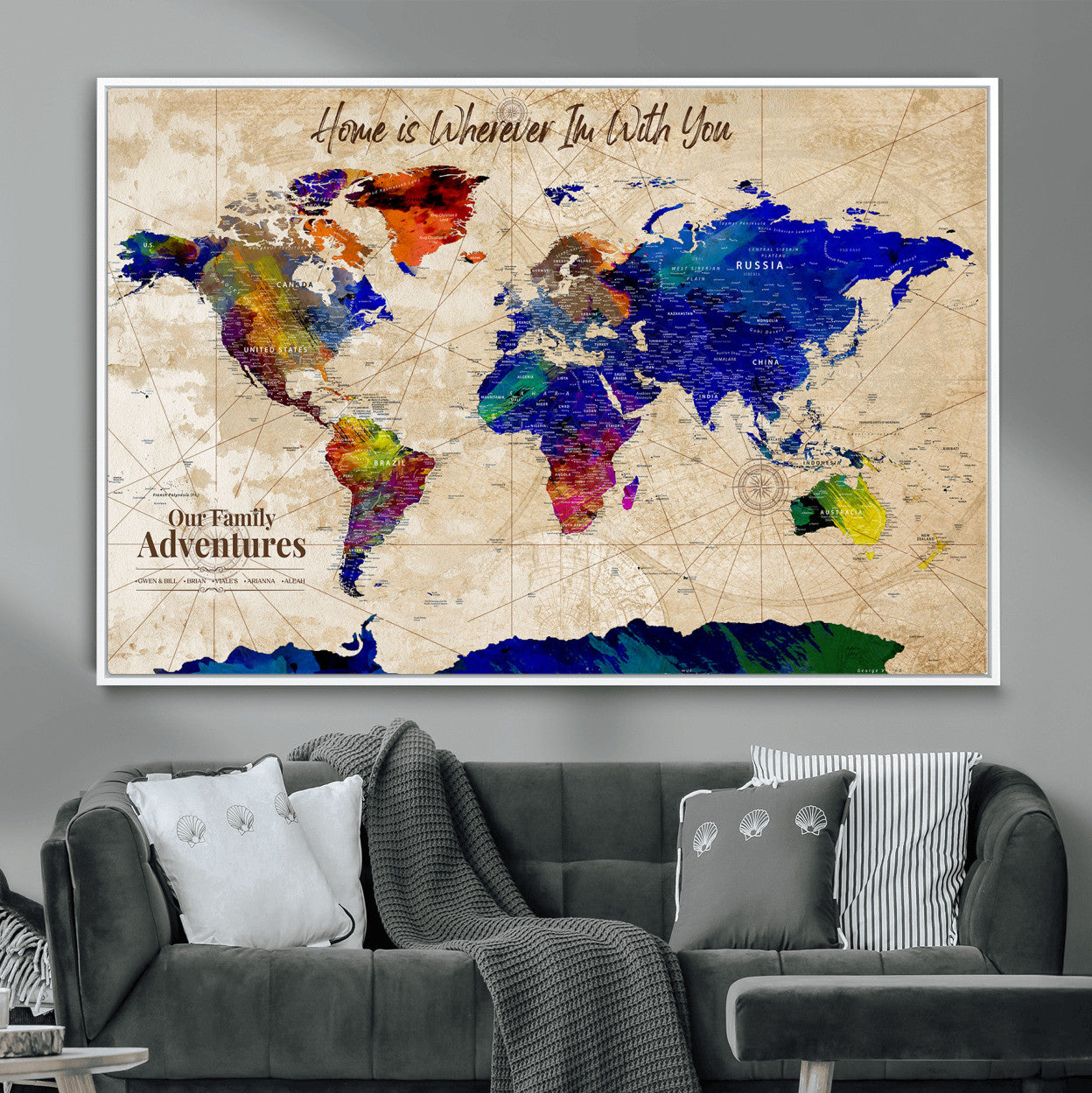 42795268-MGV-FC-36X24 - Personalized Push Pin World Map Canvas Print – Custom Adventure Travel Map, Framed Wall Art Gift for Couples or Family
