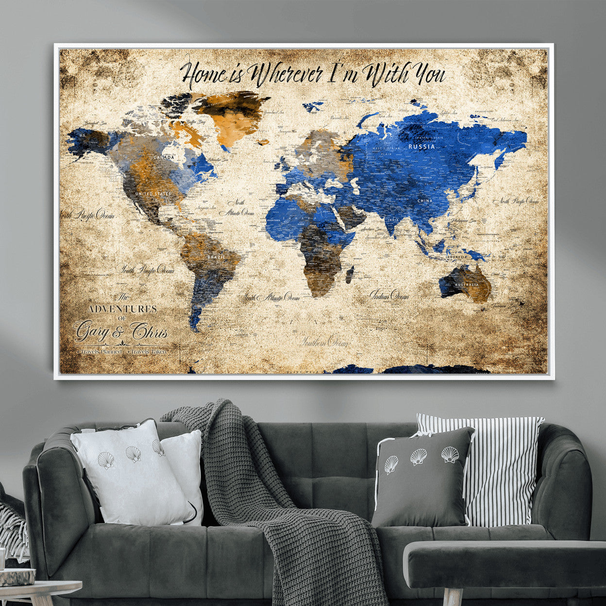 20854758-MGV-FC-36X24 - Personalized Push Pin World Map Canvas Print – Custom Framed Travel Tracker Artwork with Pins for Home and Office Decor
